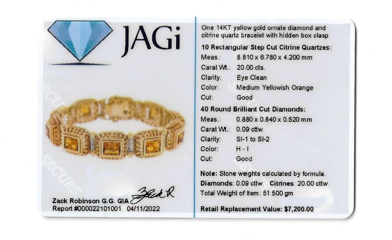 Rectangular Step Cut Citrine and Diamond Ornate Link Bracelet in 14 Karat Gold For Sale 3
