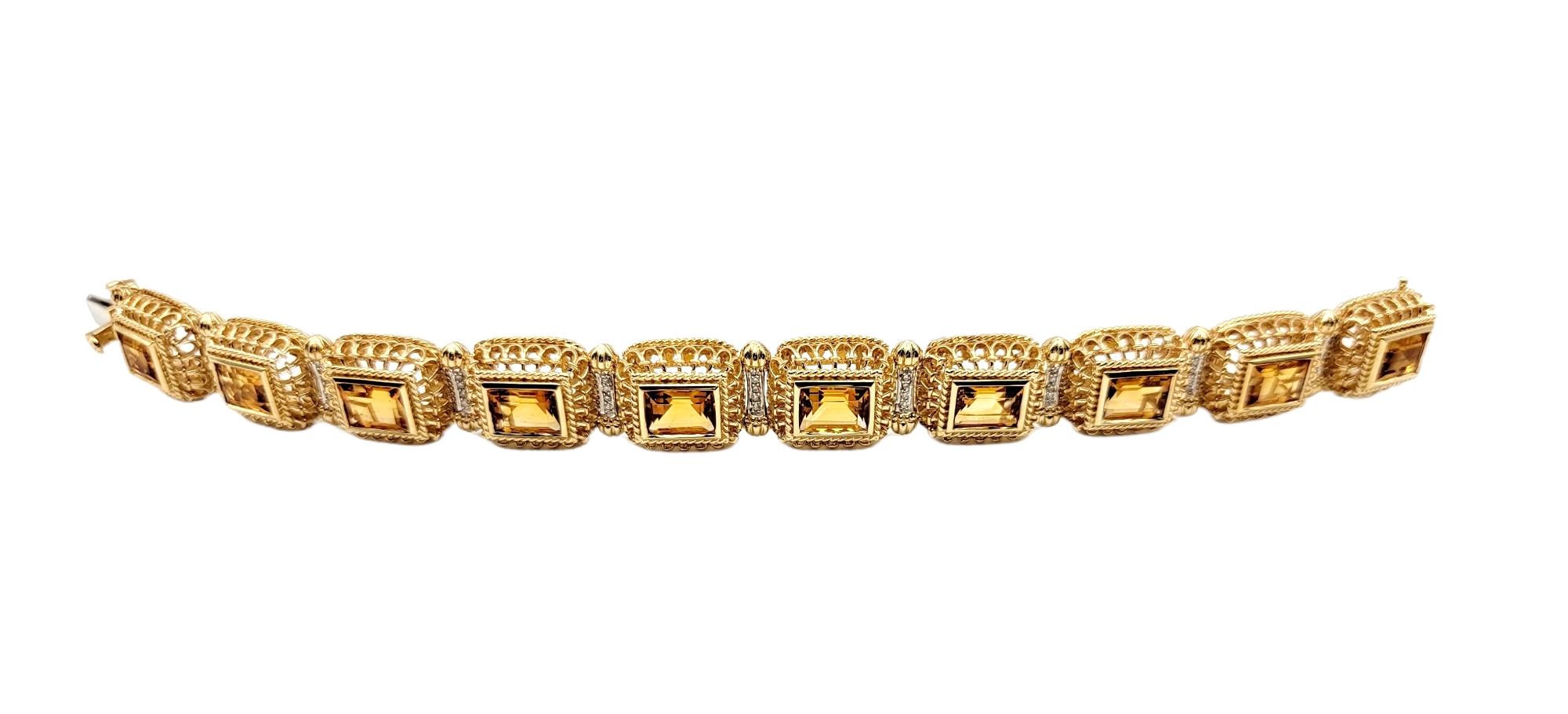 Your wrist will absolutely glow in this stunning yellow gold, citrine and diamond bracelet. Ornate detailing fills the piece, while the warm golden tones radiate against the skin. 10 rectangular step cut citrines form a single elegant row, while the