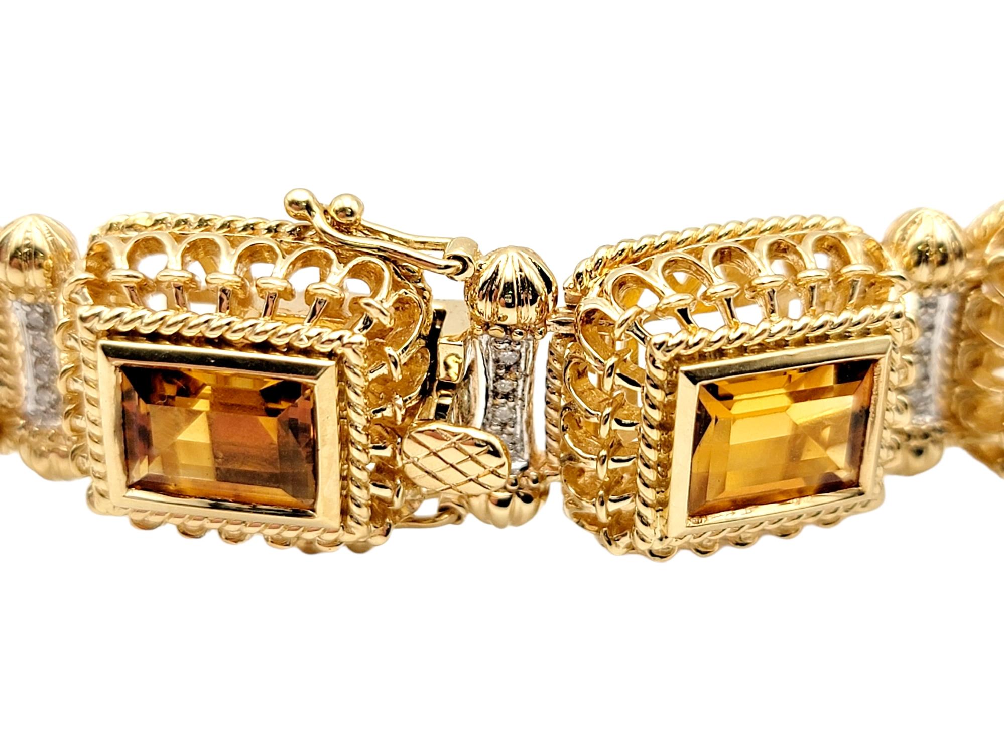 Contemporary Rectangular Step Cut Citrine and Diamond Ornate Link Bracelet in 14 Karat Gold For Sale