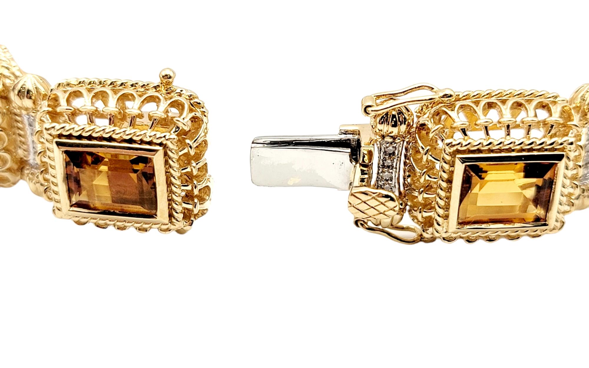 Emerald Cut Rectangular Step Cut Citrine and Diamond Ornate Link Bracelet in 14 Karat Gold For Sale