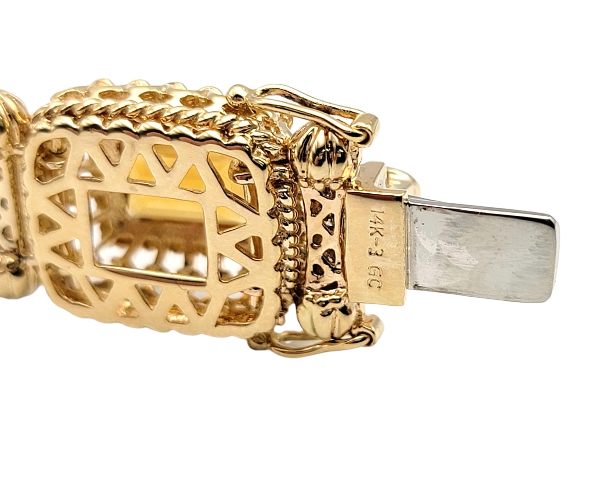 Rectangular Step Cut Citrine and Diamond Ornate Link Bracelet in 14 Karat Gold In Good Condition For Sale In Scottsdale, AZ