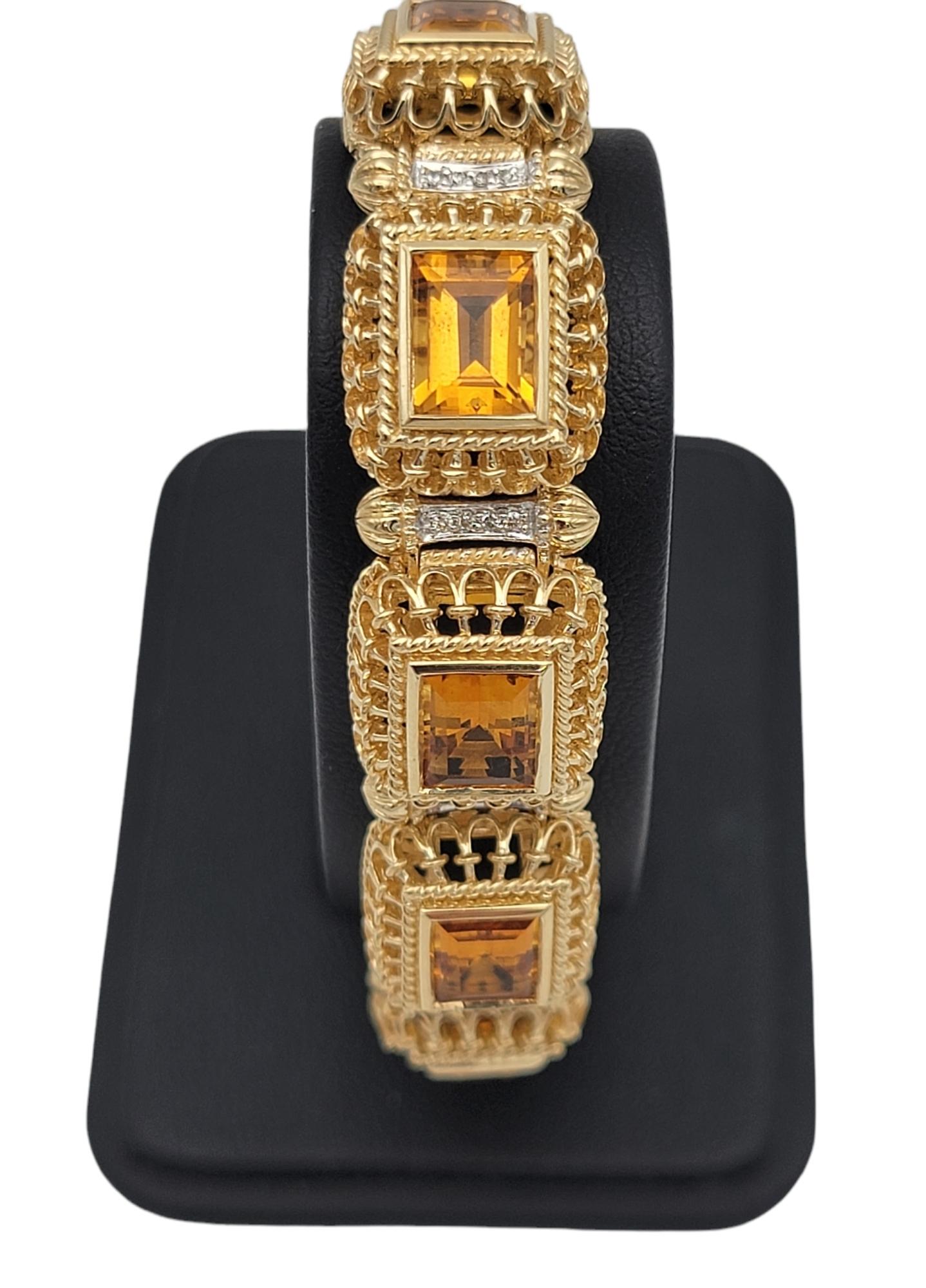 Women's Rectangular Step Cut Citrine and Diamond Ornate Link Bracelet in 14 Karat Gold For Sale