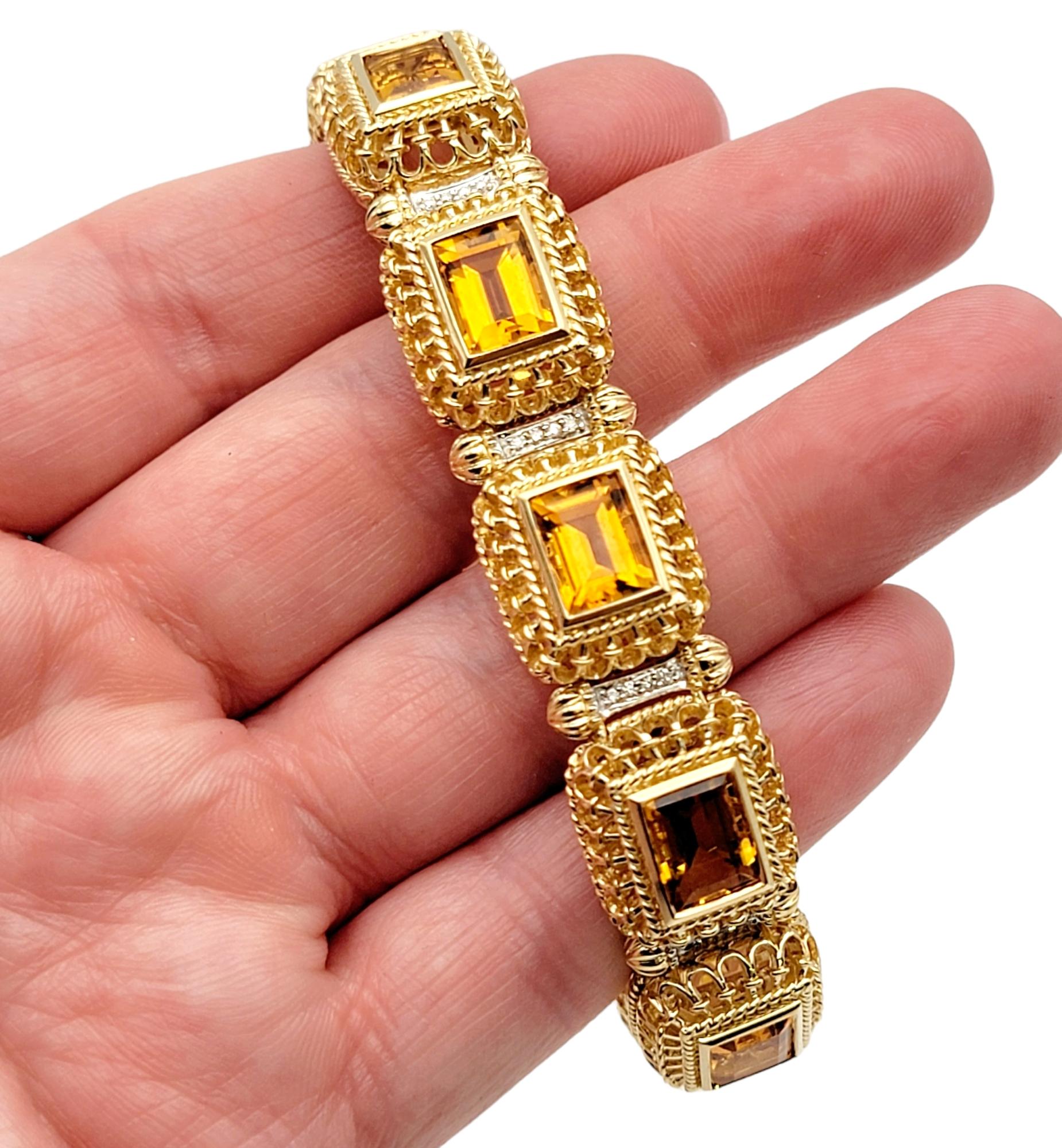 Rectangular Step Cut Citrine and Diamond Ornate Link Bracelet in 14 Karat Gold For Sale 2