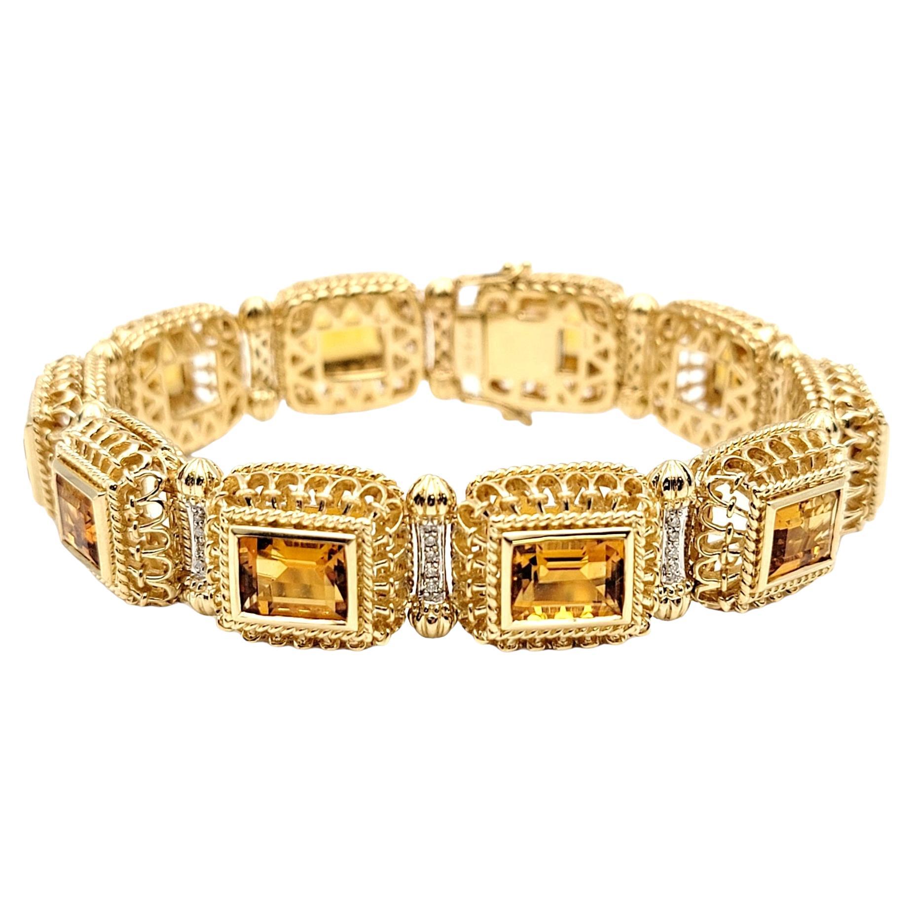 Rectangular Step Cut Citrine and Diamond Ornate Link Bracelet in 14 Karat Gold For Sale