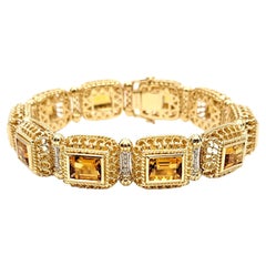 Bracelet à maillons rectangulaire orné de diamants et de citrine taillée en escalier en or 14 carats
