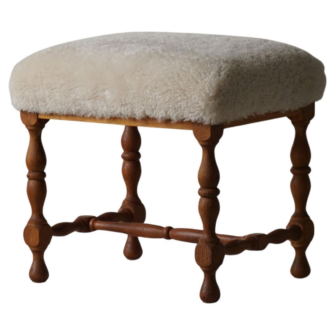 Rectangular Stool in Oak, Reupholstered in Lambswool, Danish Cabinetmaker, 1950s
