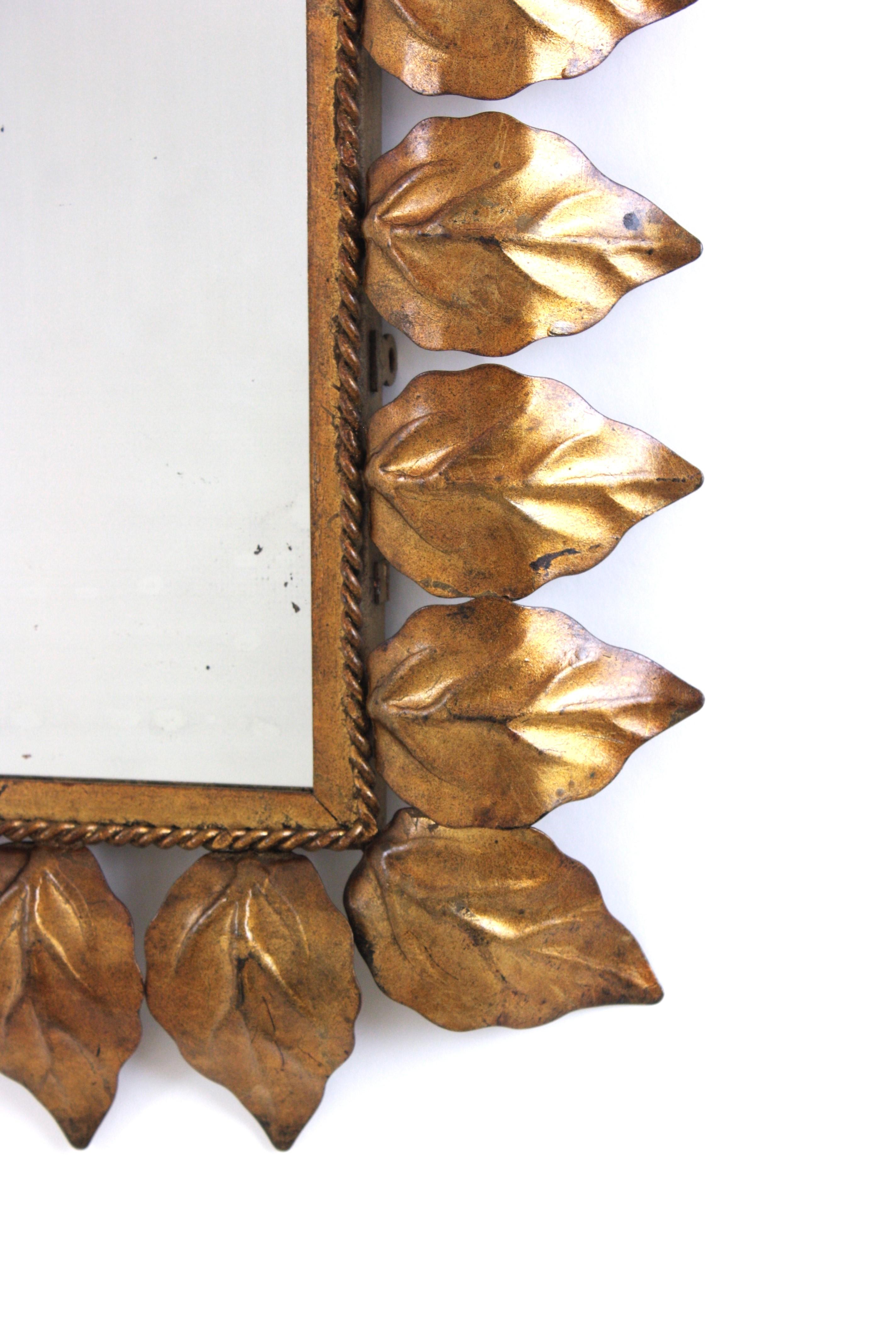Rectangular Sunburst Mirror in Gilt Iron with Leafed Frame, 1950s For Sale 4