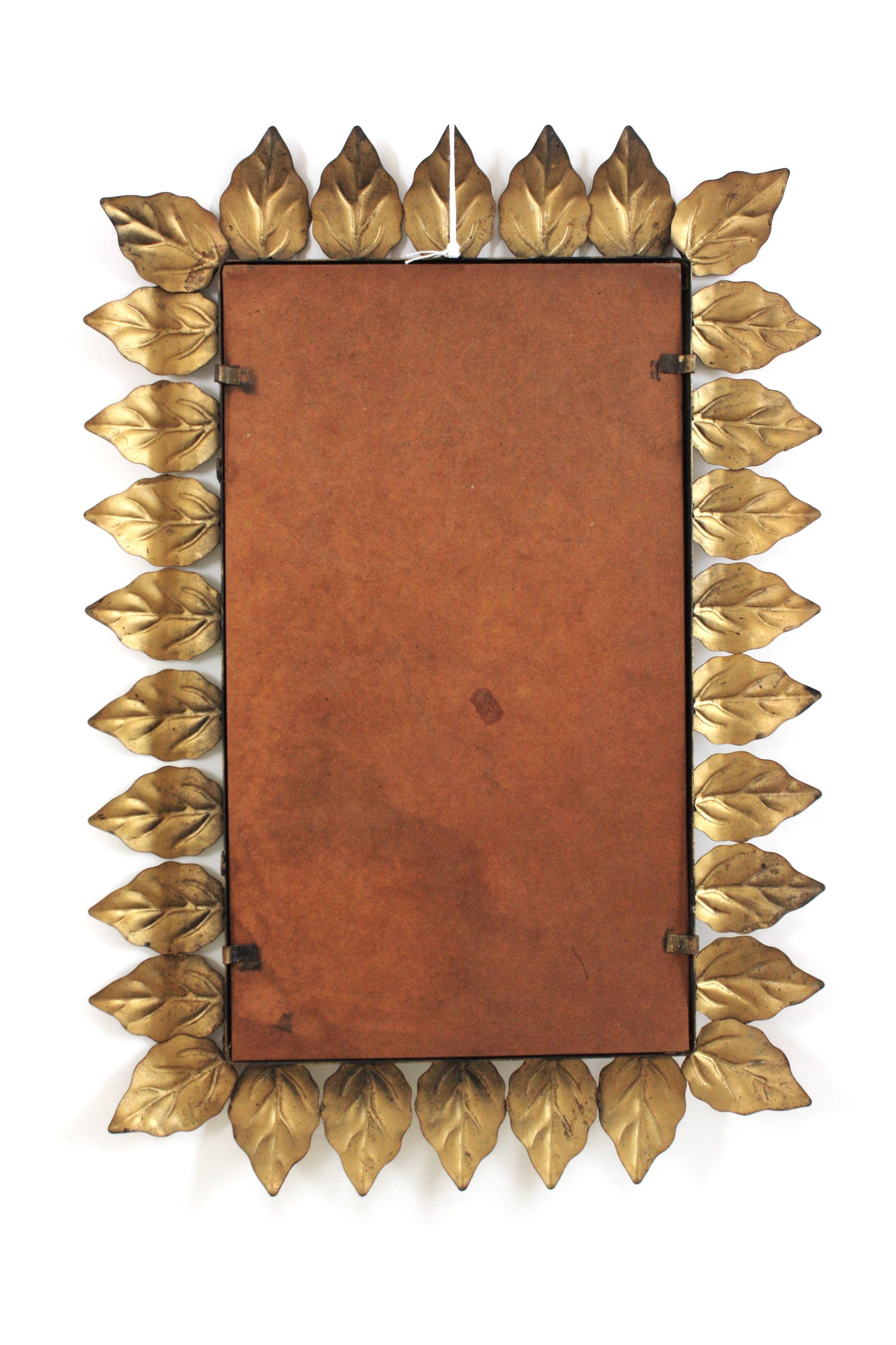 Rectangular Sunburst Mirror in Gilt Iron with Leafed Frame, 1950s For Sale 5