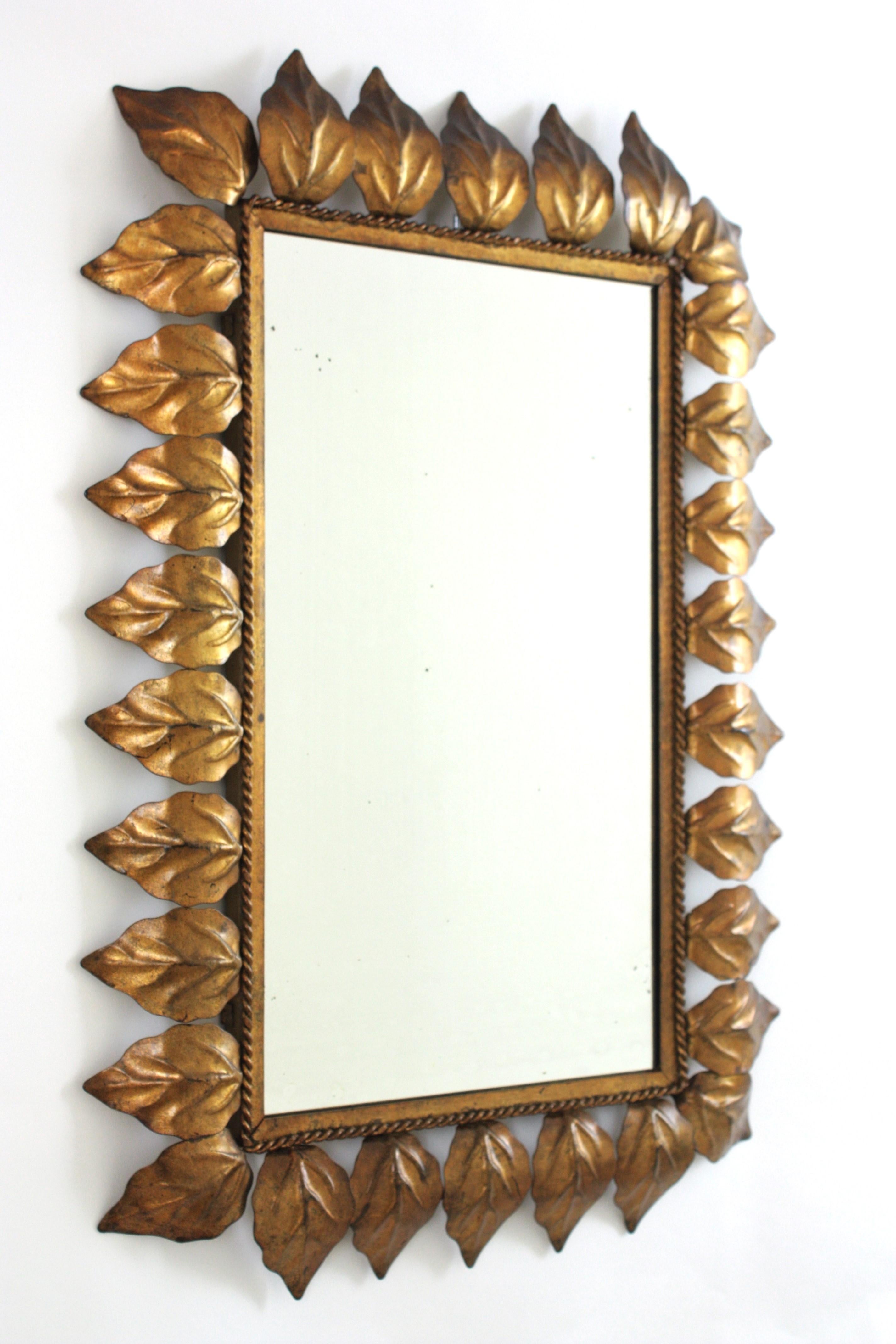 Mid-Century Modern Rectangular Sunburst Mirror in Gilt Iron with Leafed Frame, 1950s For Sale