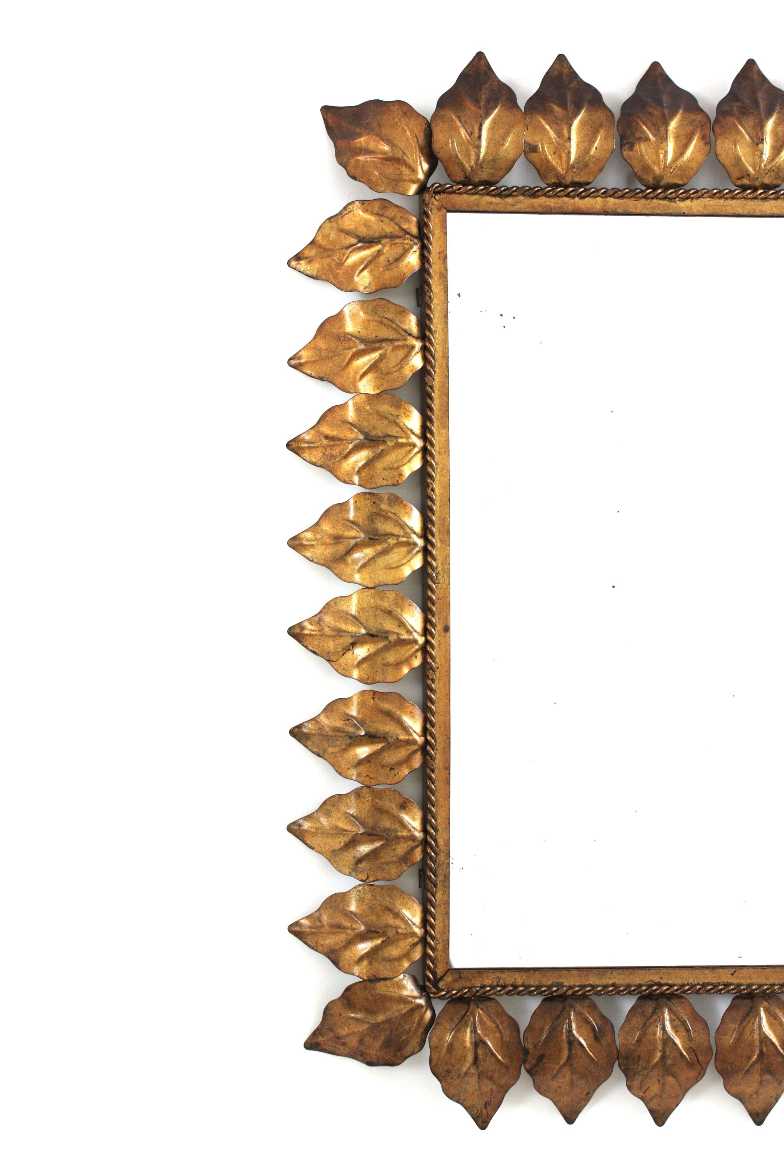 20th Century Rectangular Sunburst Mirror in Gilt Iron with Leafed Frame, 1950s For Sale