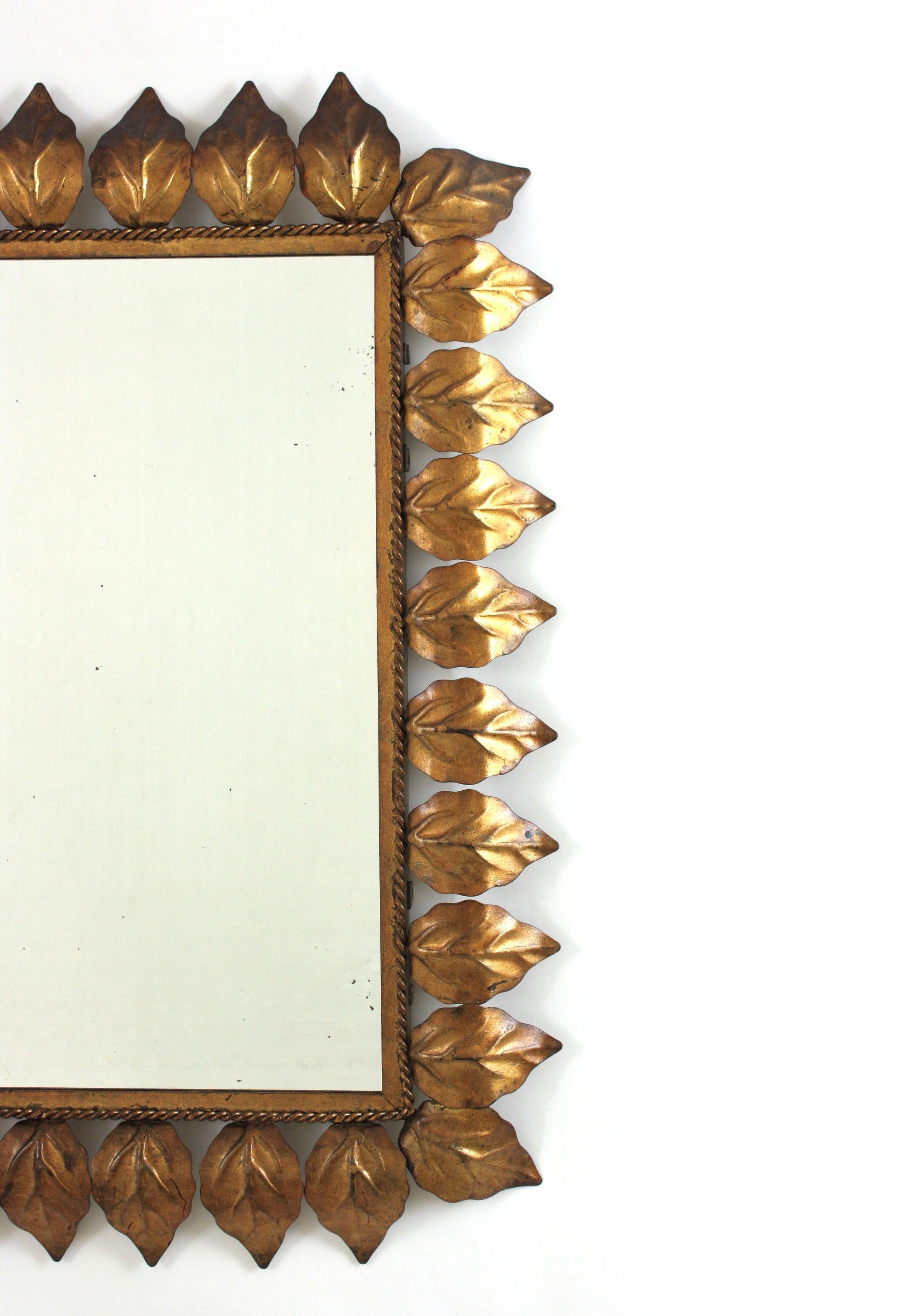 Metal Rectangular Sunburst Mirror in Gilt Iron with Leafed Frame, 1950s For Sale