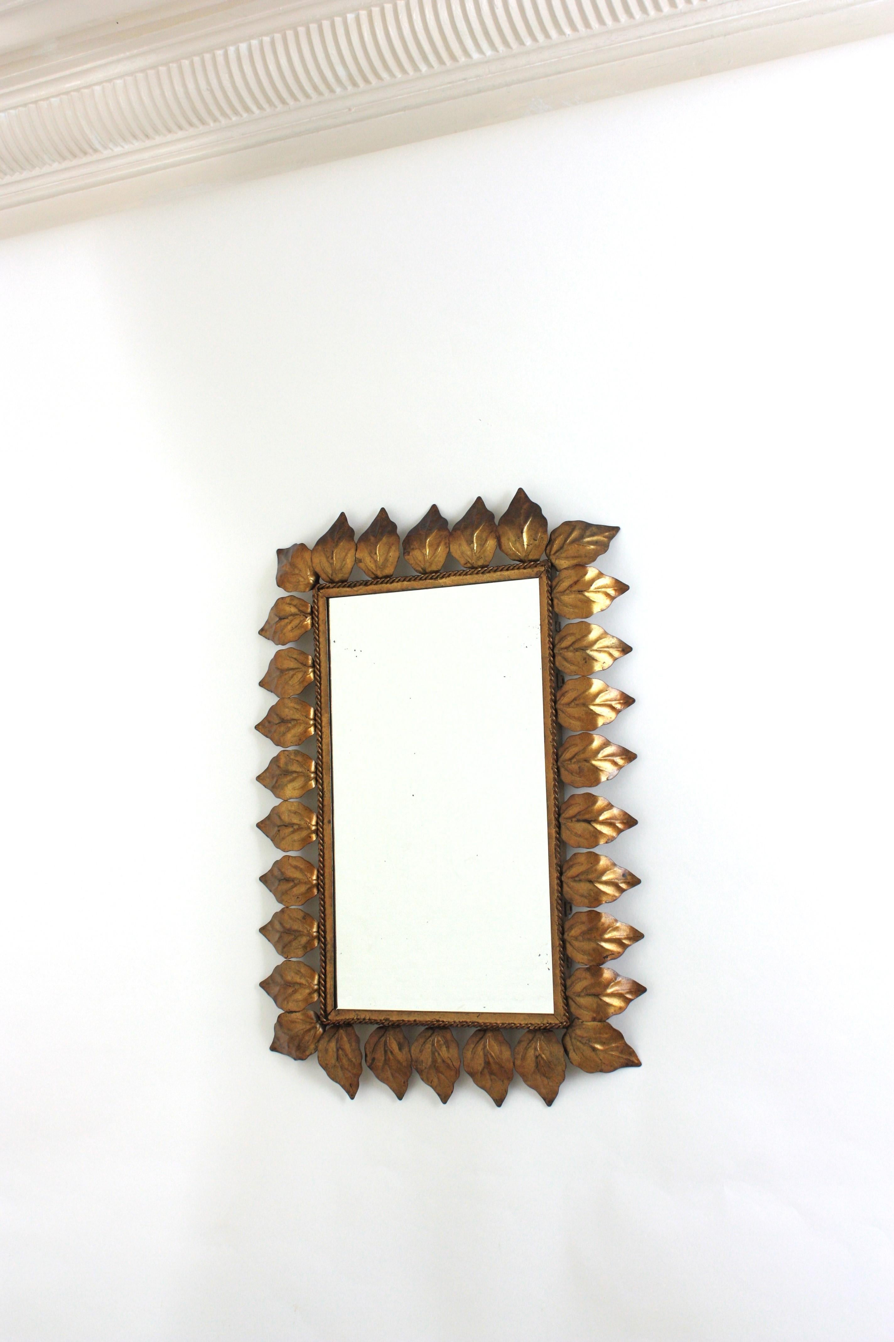 Rectangular Sunburst Mirror in Gilt Iron with Leafed Frame, 1950s For Sale 1