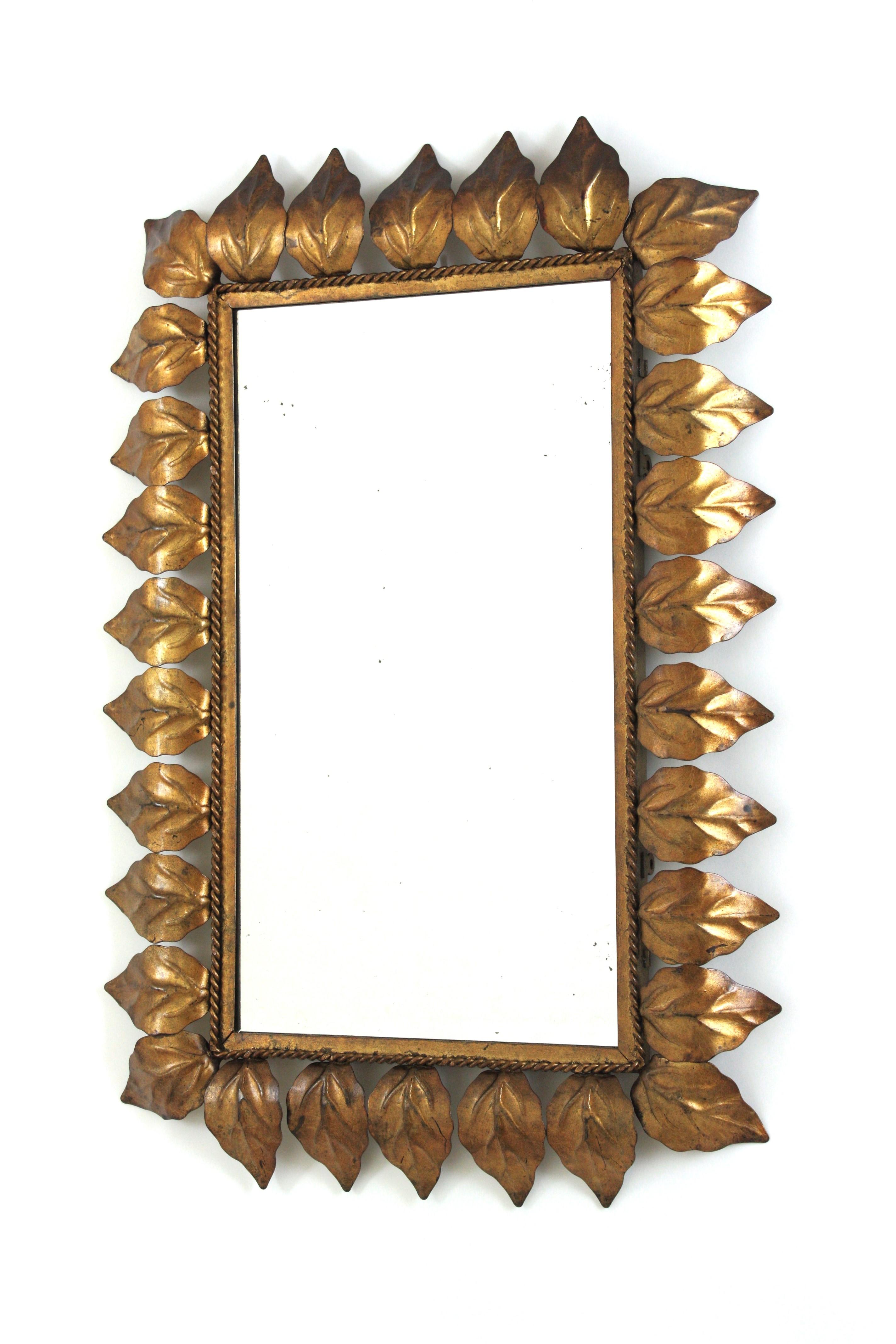 Rectangular Sunburst Mirror in Gilt Iron with Leafed Frame, 1950s For Sale 2