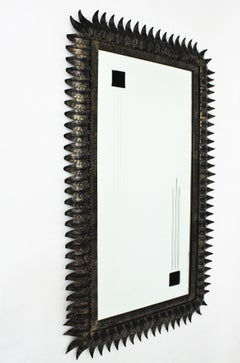 Rectangular Sunburst Mirror in Parcel Gilt Black Metal, 1950s