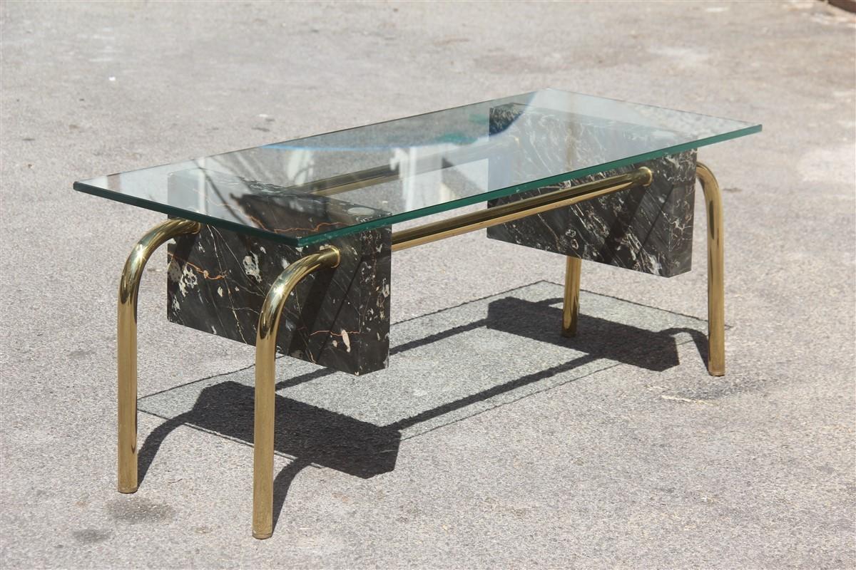 Rectangular Table Coffee Italian Design 1970s Brass Marble Portoro Glass Top For Sale 5