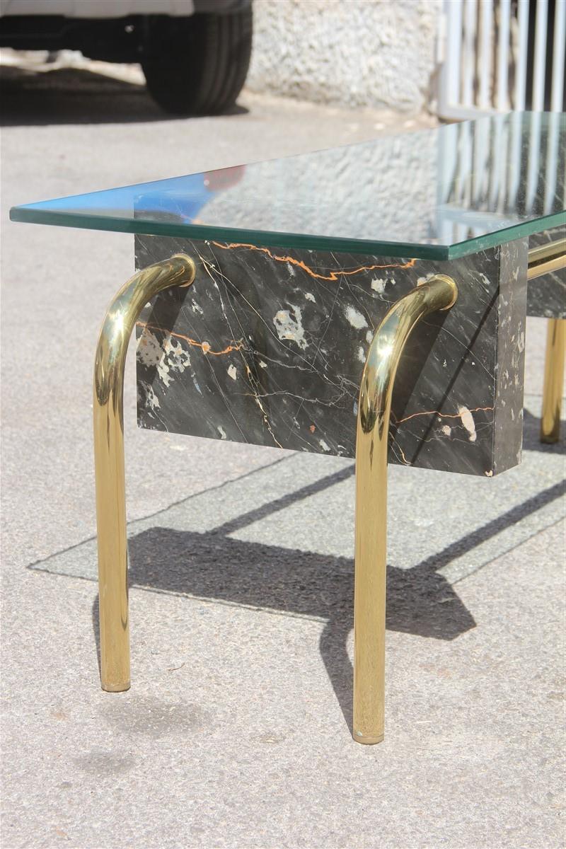 Rectangular Table Coffee Italian Design 1970s Brass Marble Portoro Glass Top For Sale 6