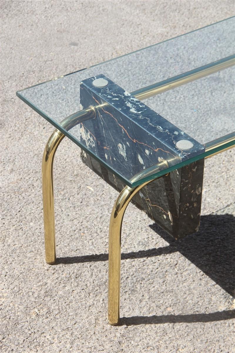 Mid-Century Modern Rectangular Table Coffee Italian Design 1970s Brass Marble Portoro Glass Top For Sale