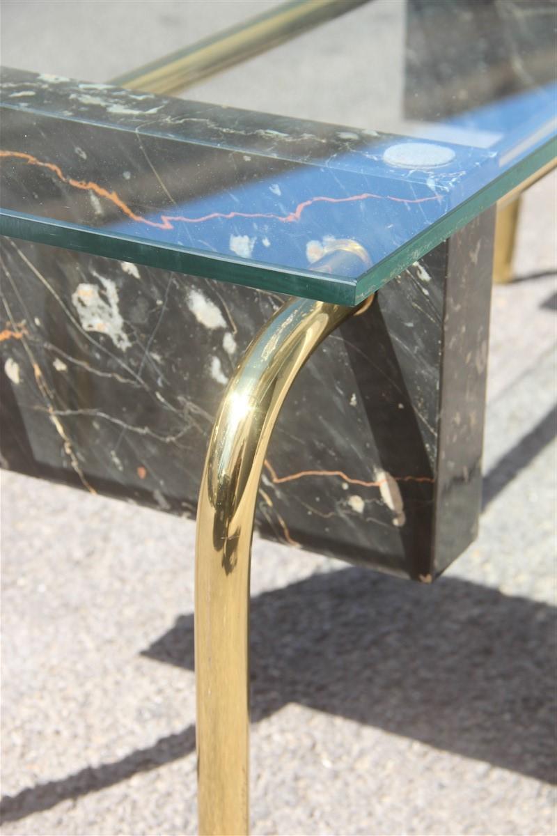 Rectangular Table Coffee Italian Design 1970s Brass Marble Portoro Glass Top In Good Condition For Sale In Palermo, Sicily