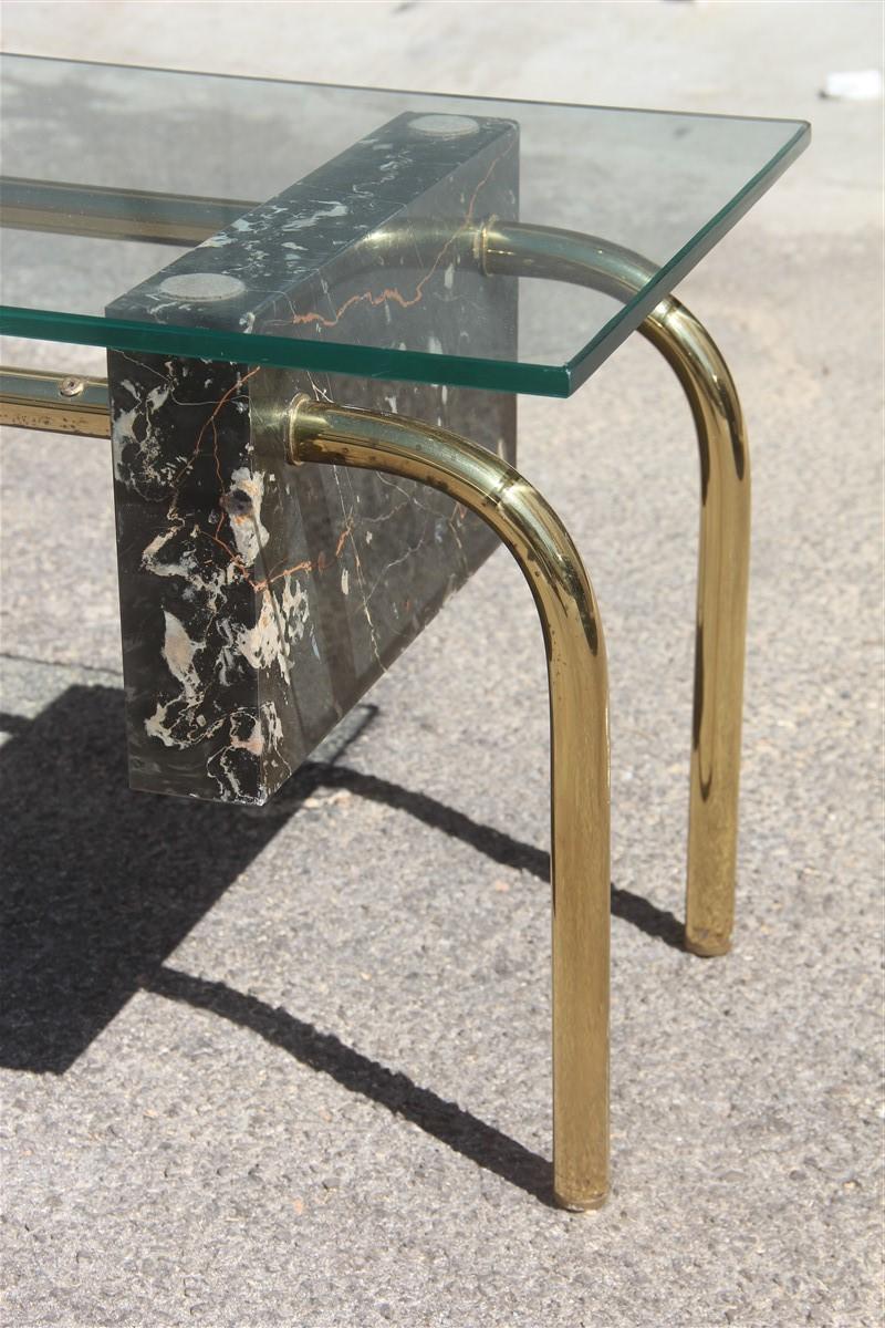 Rectangular Table Coffee Italian Design 1970s Brass Marble Portoro Glass Top For Sale 2