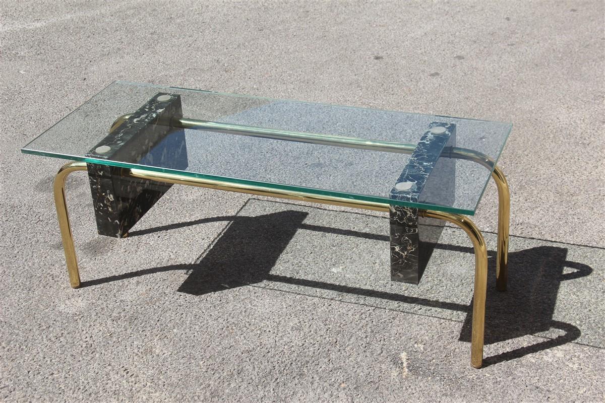 Rectangular Table Coffee Italian Design 1970s Brass Marble Portoro Glass Top For Sale 4