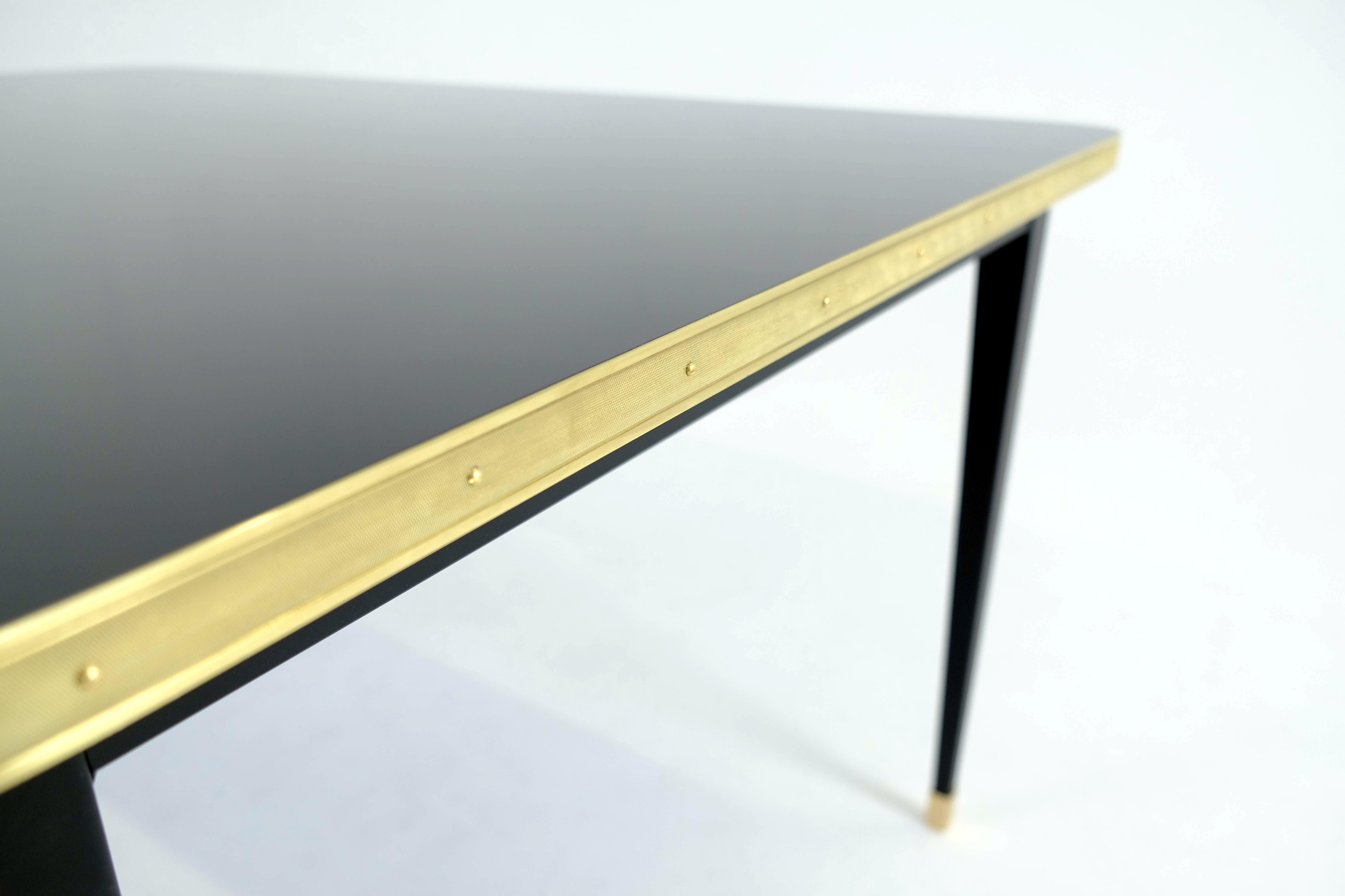 Contemporary Dinning Table, High Gloss Laminate, Brass, Conic Legs, Diamond Black- L For Sale