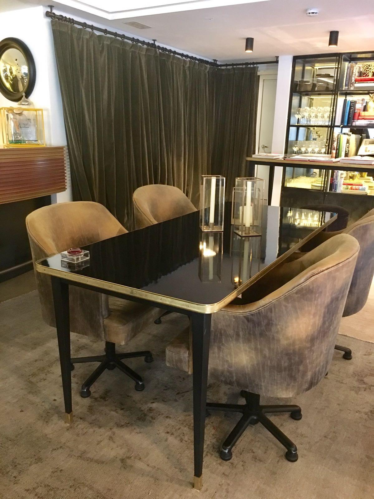 Dinning Table, High Gloss Laminate, Brass, Conic Legs, Diamond Black- M For Sale 12