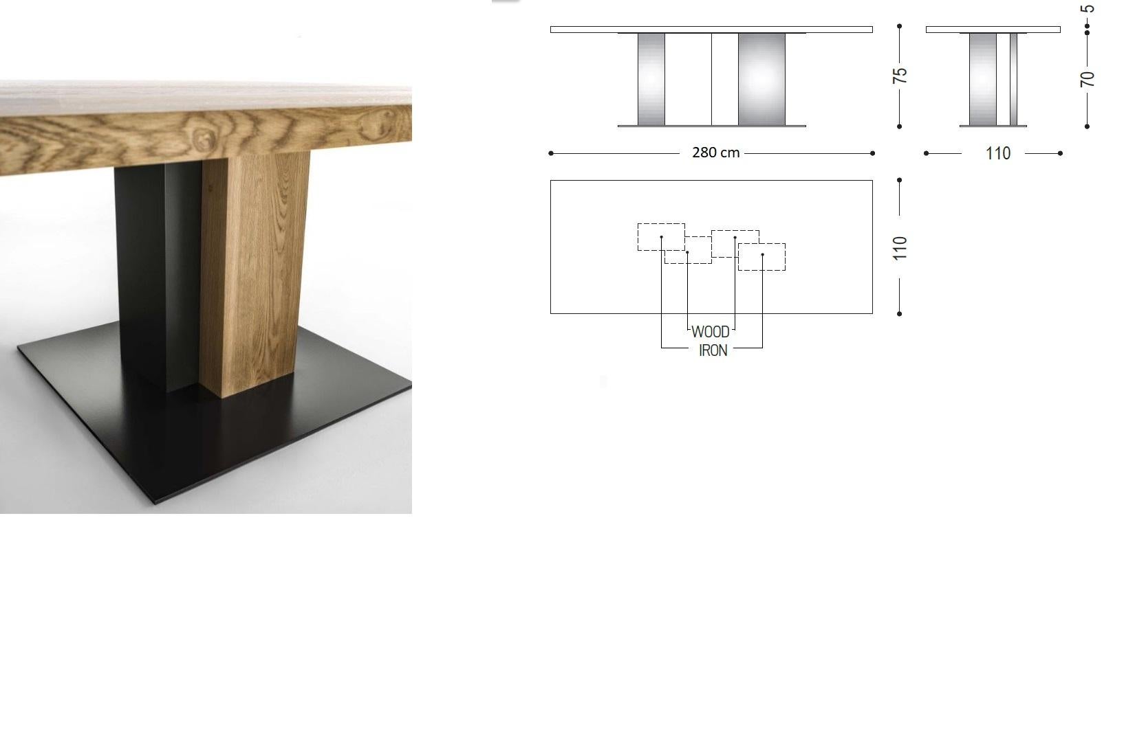 Fully customizable dining table in solid Oak wood, with leg made of two parallelepipeds integrated with each other, like an object and its shadow.
Union between solid wood in glued lists and a part made of a bended iron plate. Floor plate in