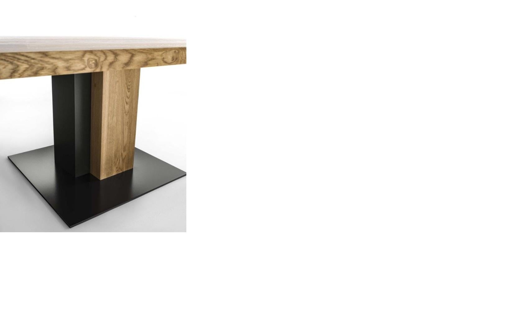 Contemporary Rectangular Table Made to Order in Solid Oak with Knots & Lacquered Iron For Sale