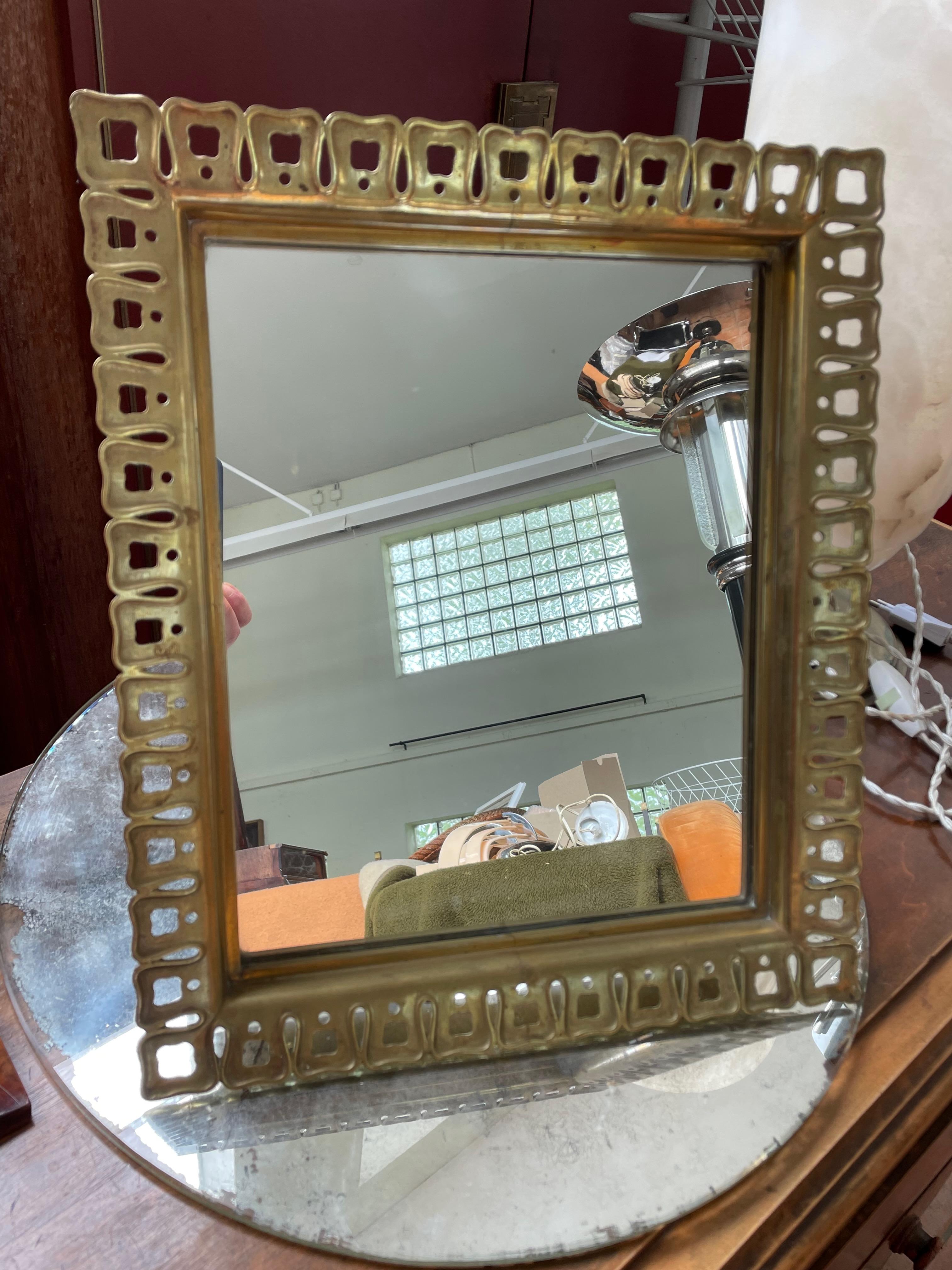 Brutalist Rectangular table mirror. Italy 40s, 50s. Solid brass.  For Sale
