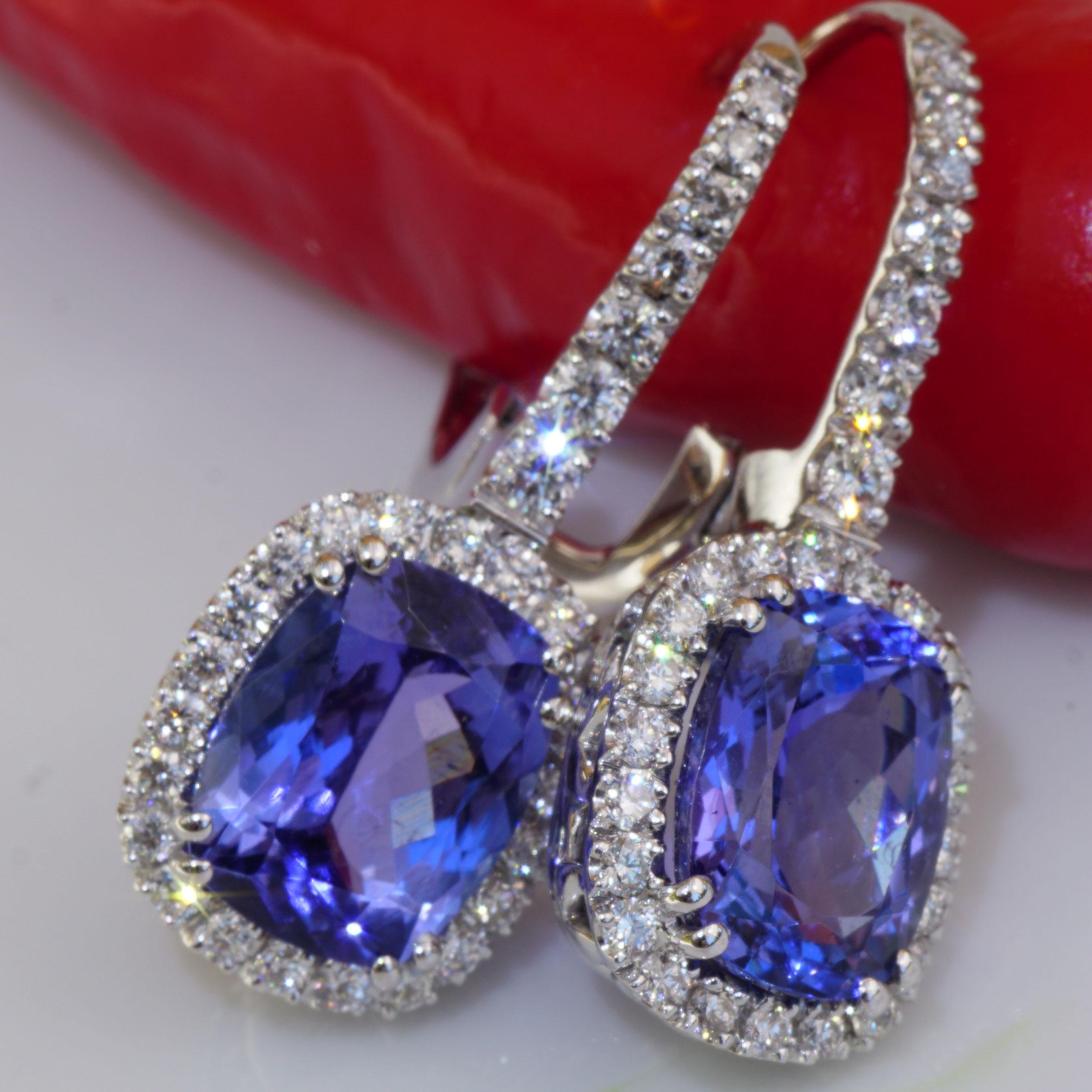 Modern Rectangular Tanzanite AAA+ 4.70 Ct Dream Earrings with Diamonds 18 Kt White Gold For Sale