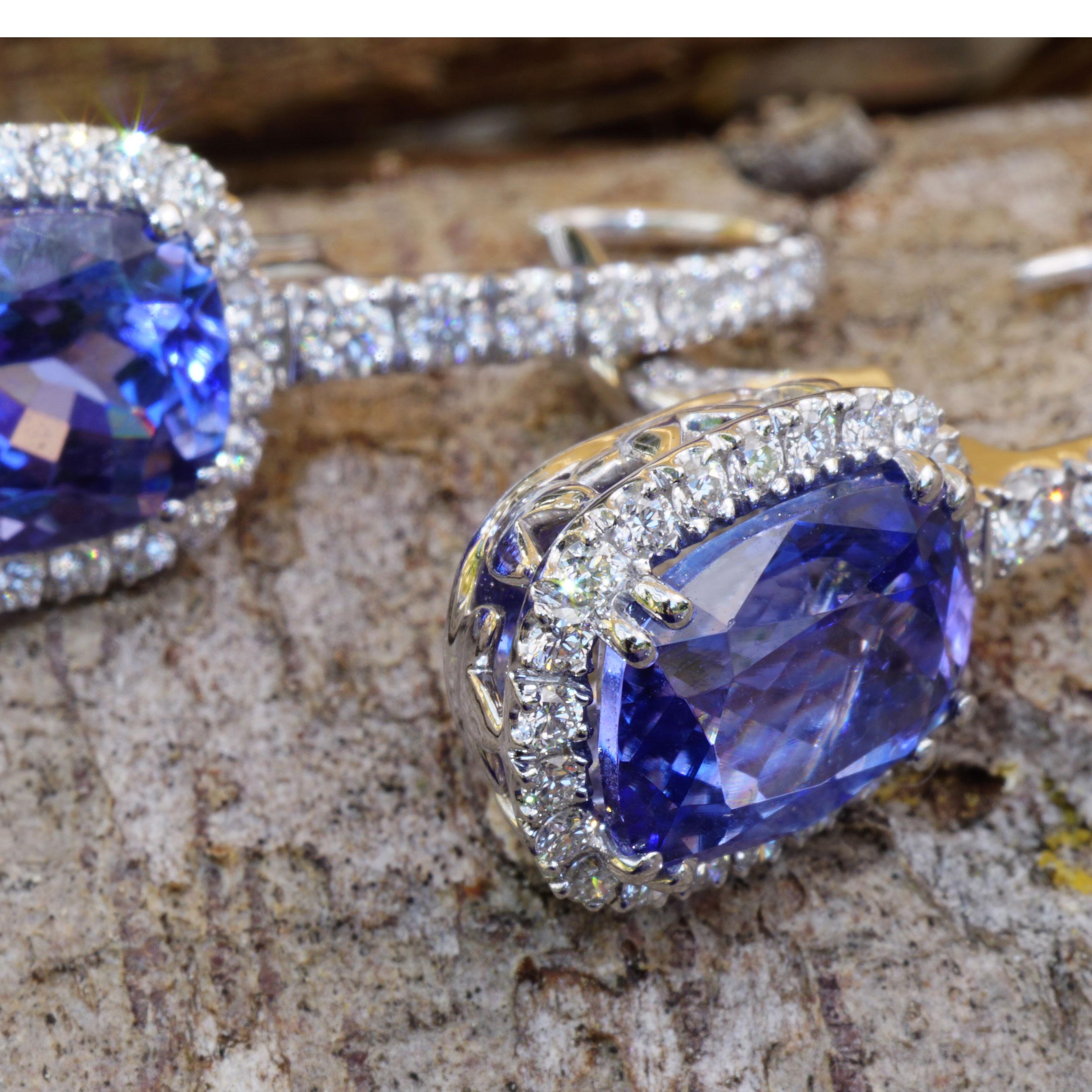 Brilliant Cut Rectangular Tanzanite AAA+ 4.70 Ct Dream Earrings with Diamonds 18 Kt White Gold For Sale