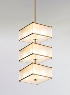 Rectangular Three-Tier Chandelier, Brushed Brass and Opal Glass, Customizable