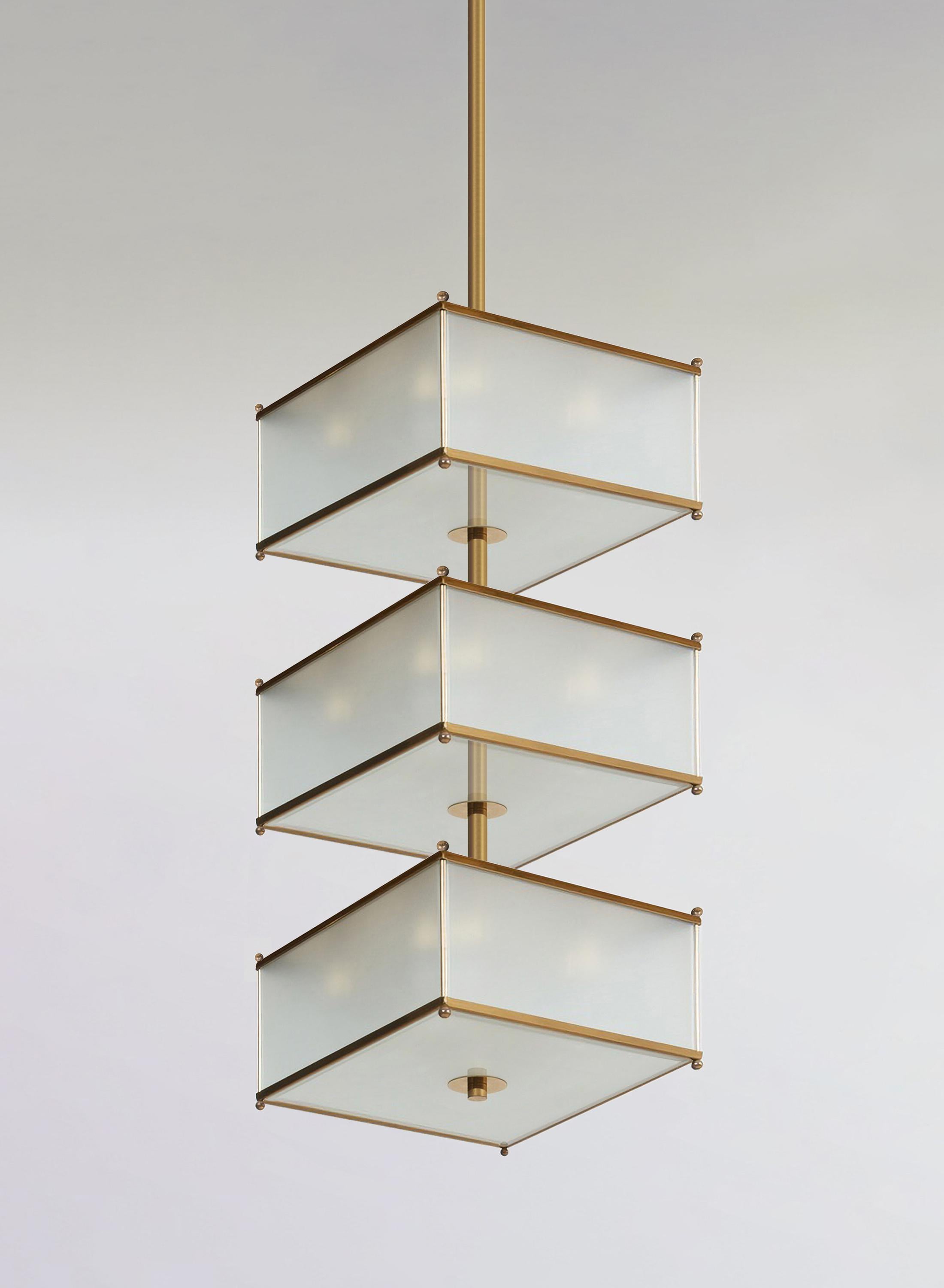 Modern Rectangular Three-Tier Chandelier, Brushed Brass and Opal Glass, Customizable For Sale