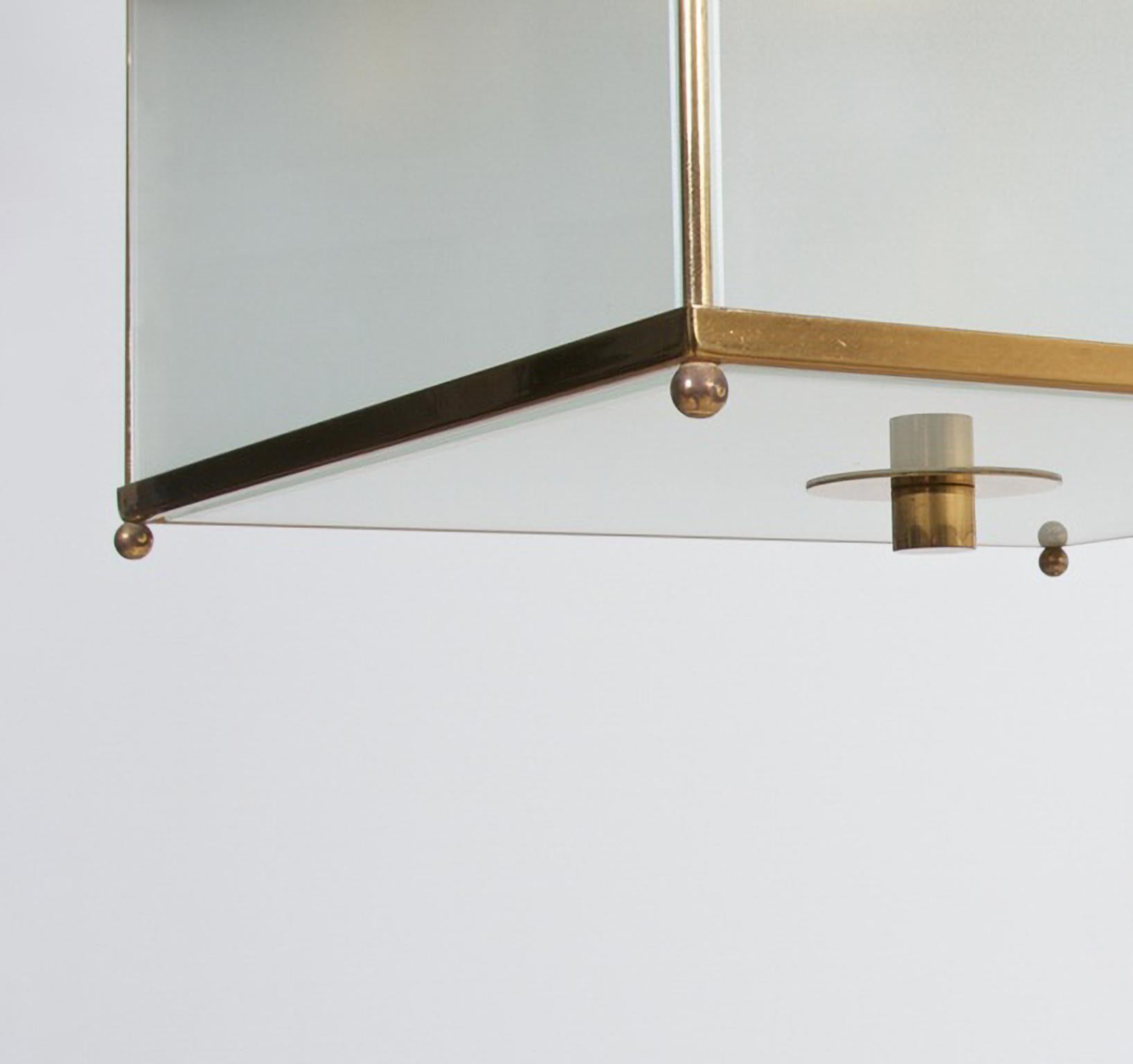 German Rectangular Three-Tier Chandelier, Brushed Brass and Opal Glass, Customizable For Sale