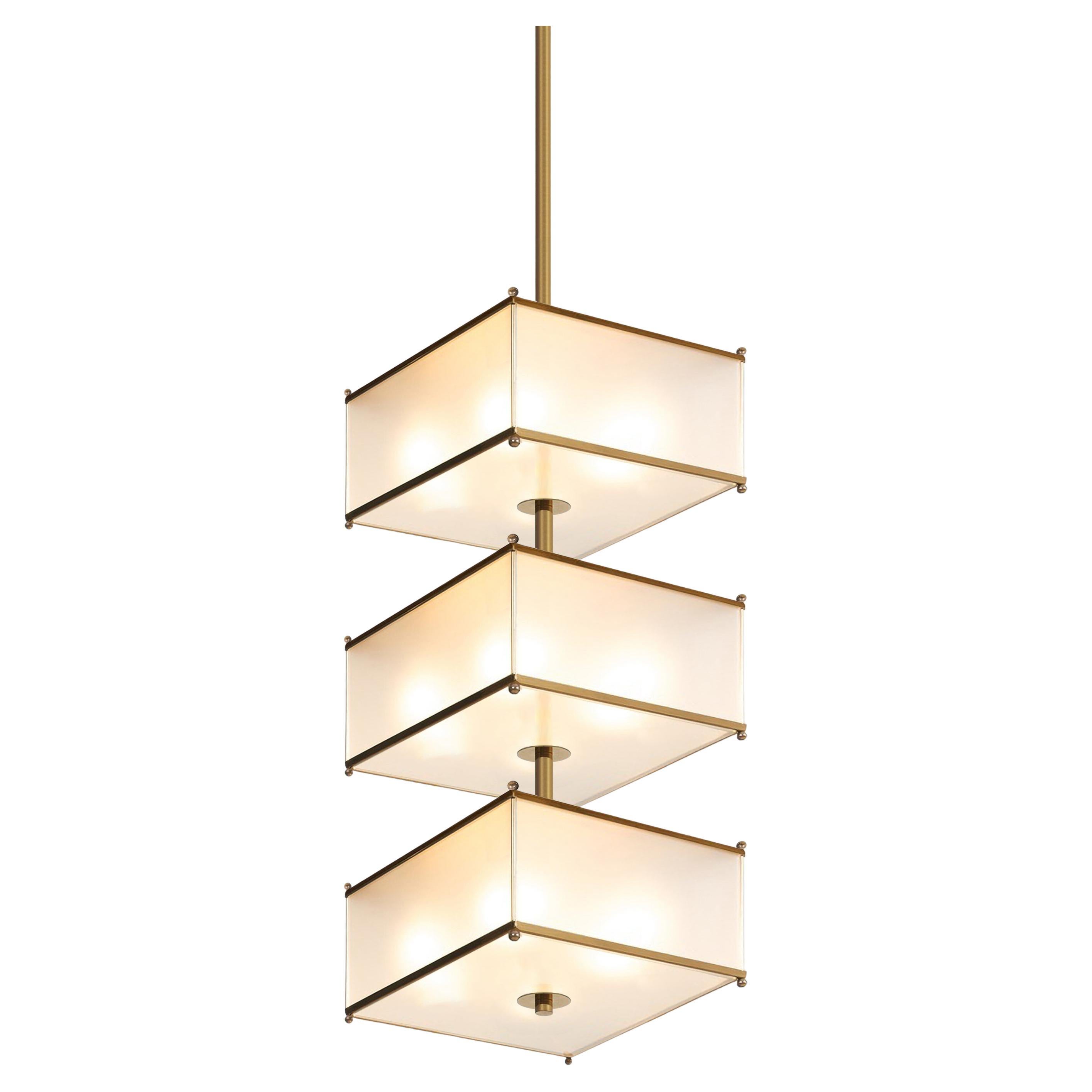 Rectangular Three-Tier Chandelier, Brushed Brass and Opal Glass, Customizable