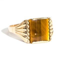Rectangular Tigers Eye 9 Carat Yellow Gold Mens Vintage Signet Ring