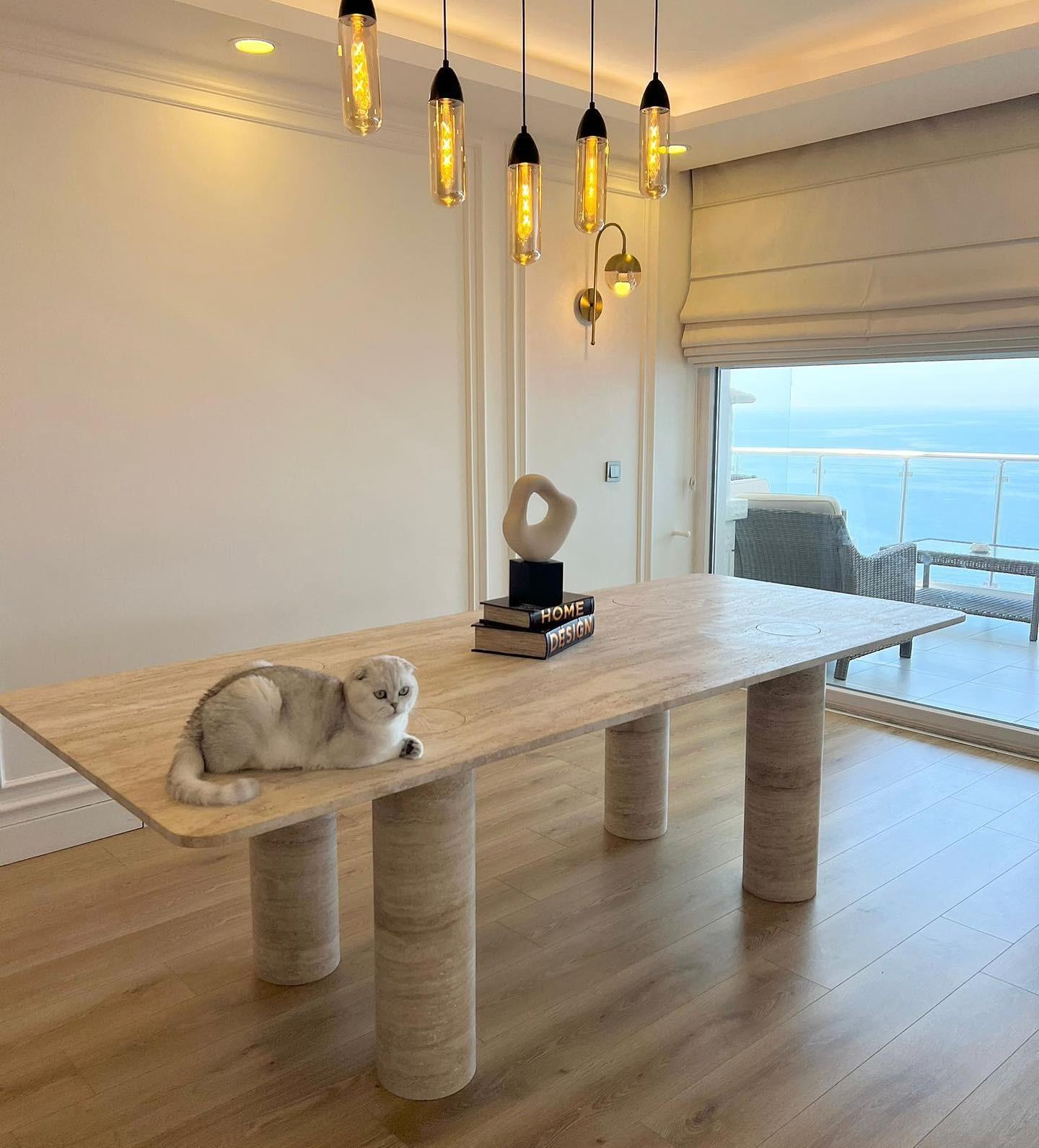 Arts and Crafts Rectangular Travertine Marble Table - Travertine Stone Dining Room Table For Sale