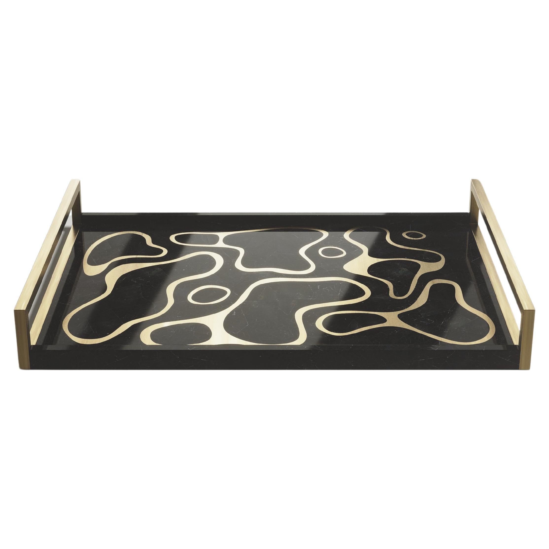 Plateau rectangulaire en Pen Shell noir avec laiton Patina en bronze par Kifu Paris en vente
