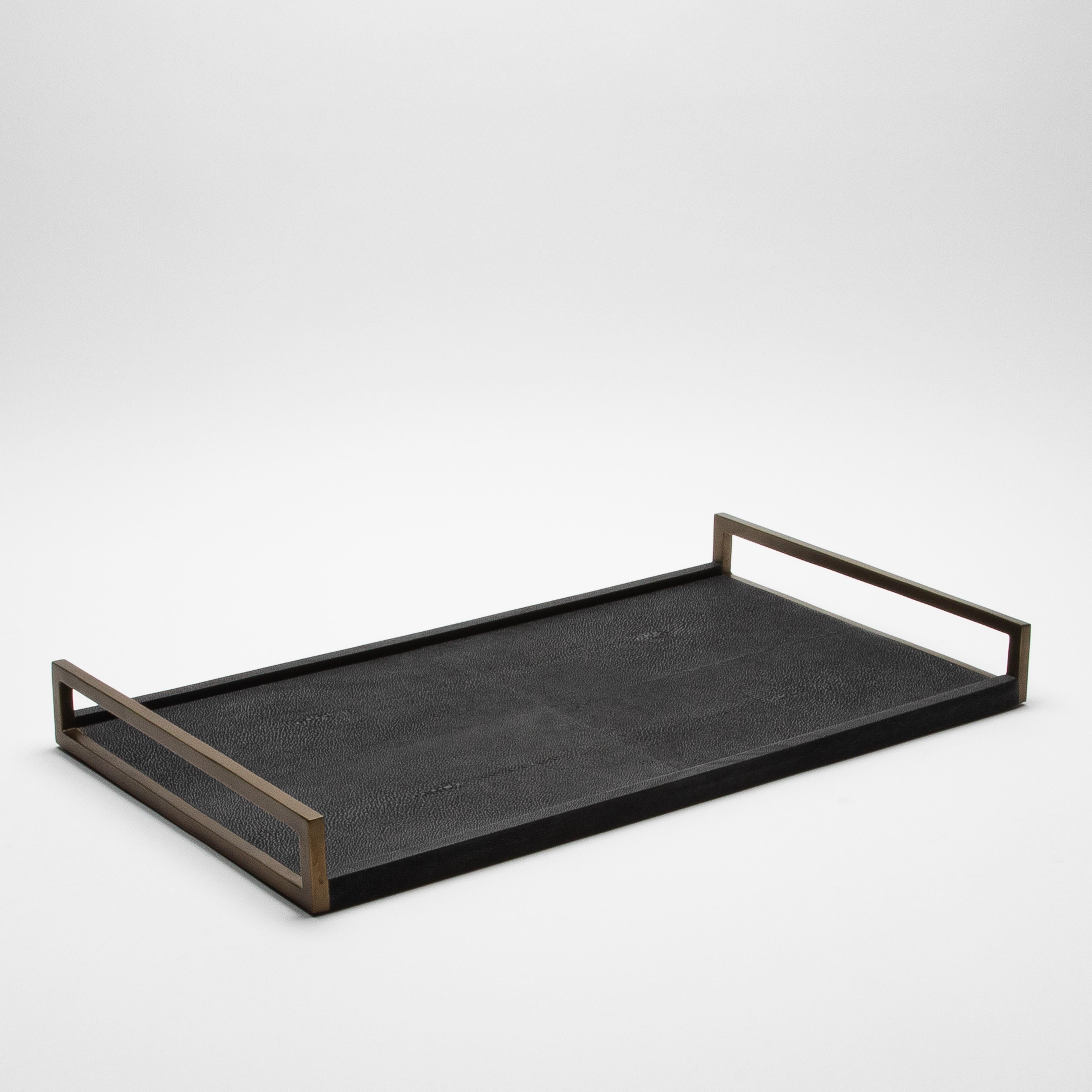 Art déco Rectangular Tray in Black Shagreen with Bronze Patina Brass by R&Y Augousti