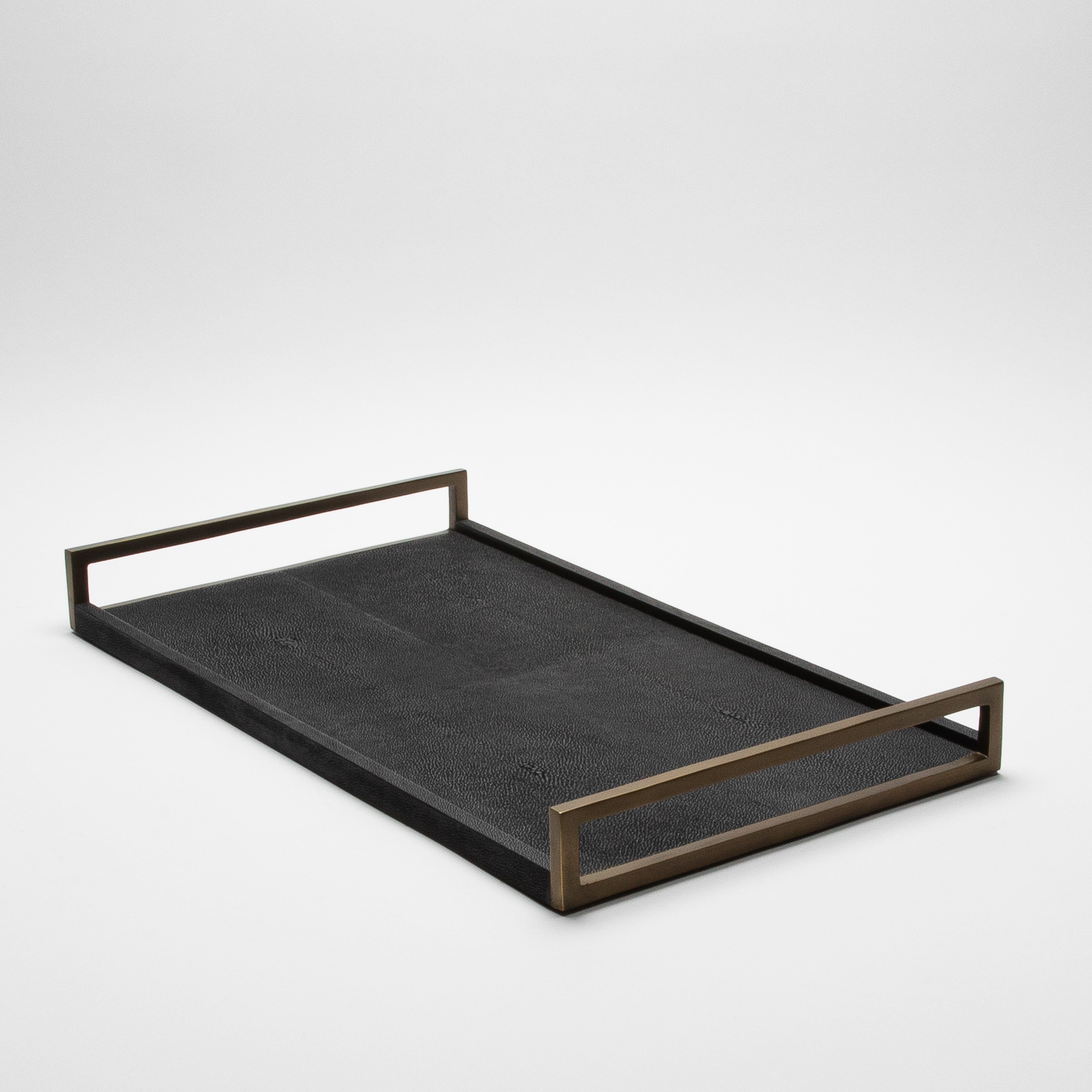 Fait main Rectangular Tray in Black Shagreen with Bronze Patina Brass by R&Y Augousti