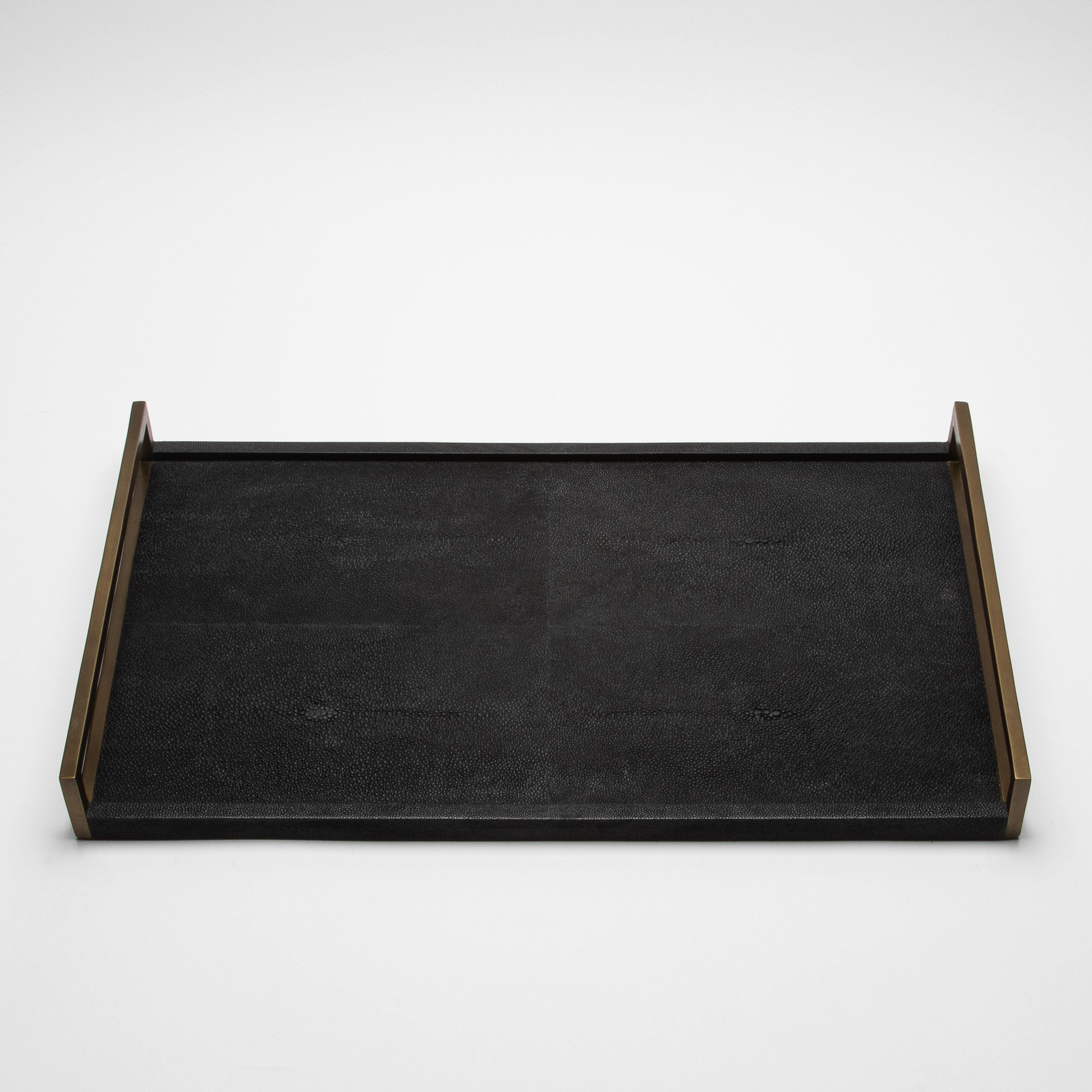 XXIe siècle et contemporain Rectangular Tray in Black Shagreen with Bronze Patina Brass by R&Y Augousti