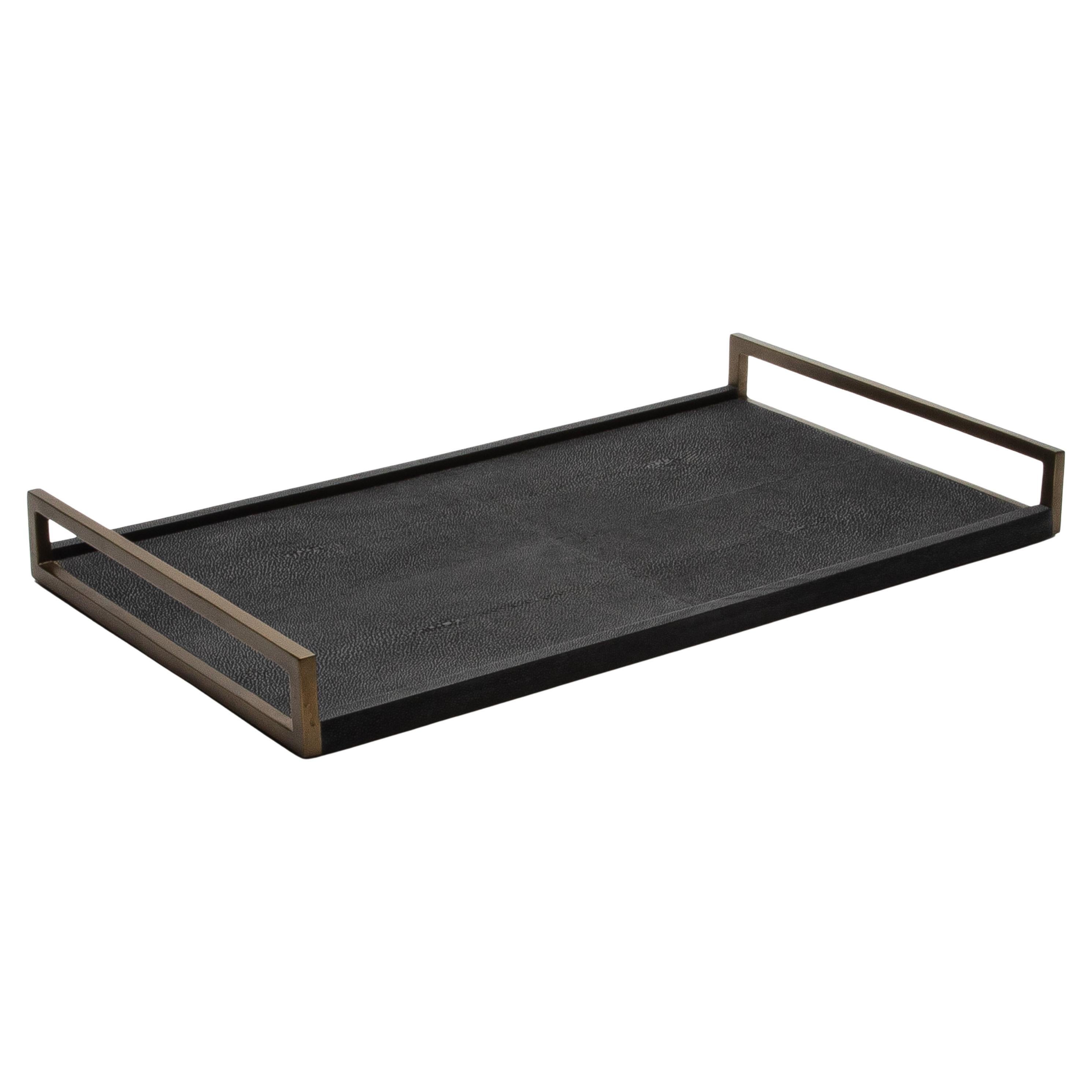 Rectangular Tray in Black Shagreen with Bronze Patina Brass by R&Y Augousti