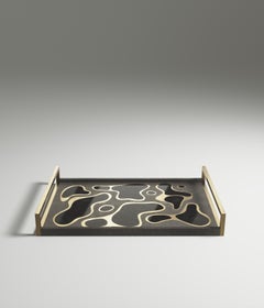 Rechteckiges Tablett aus schwarzem Kohle-Schwarzem Chagrinleder mit Bronze-Patina-Messing von Kifu Paris