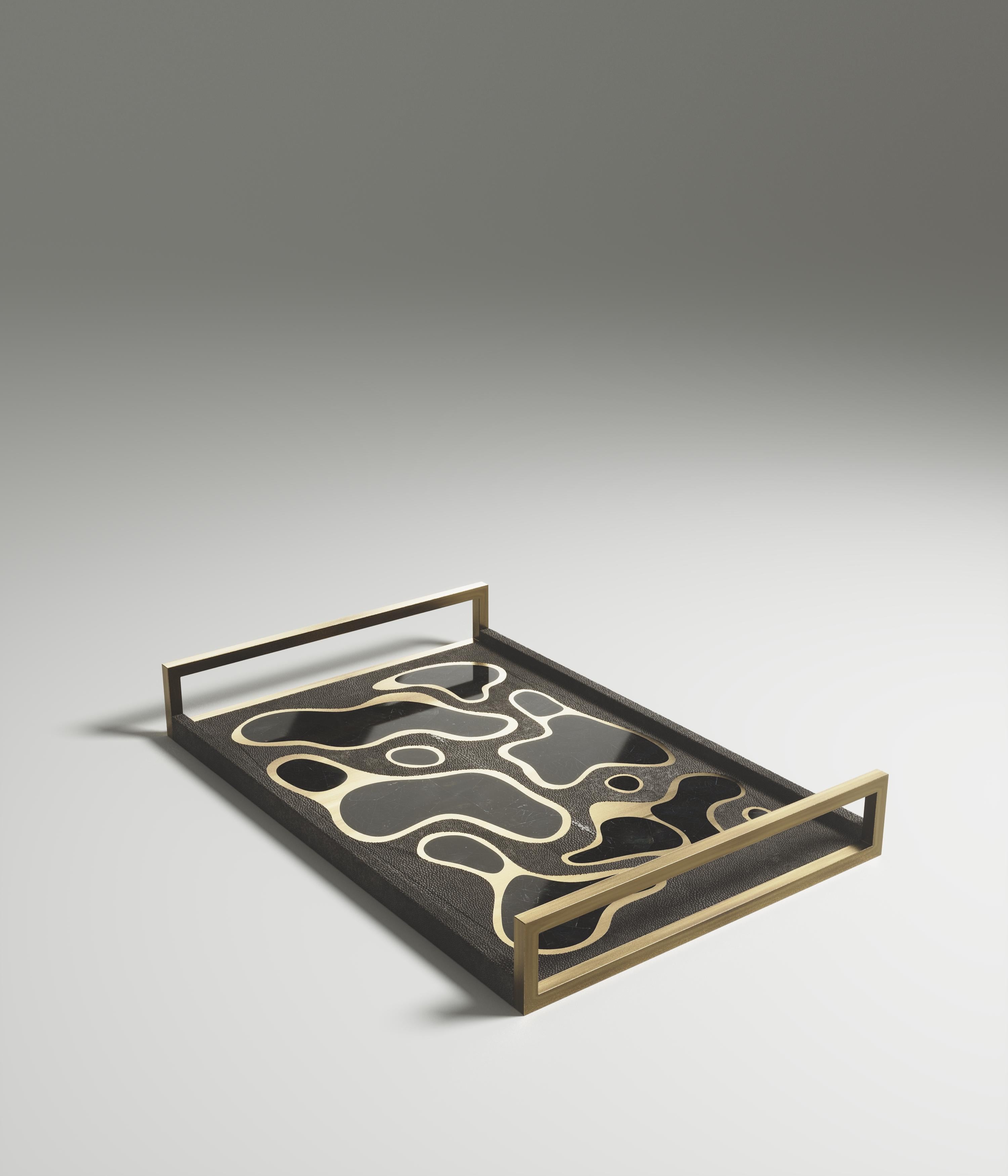 Rechteckiges Tablett aus schwarzem Kohle-Schwarzem Chagrinleder mit Bronze-Patina-Messing von Kifu Paris (Art déco) im Angebot