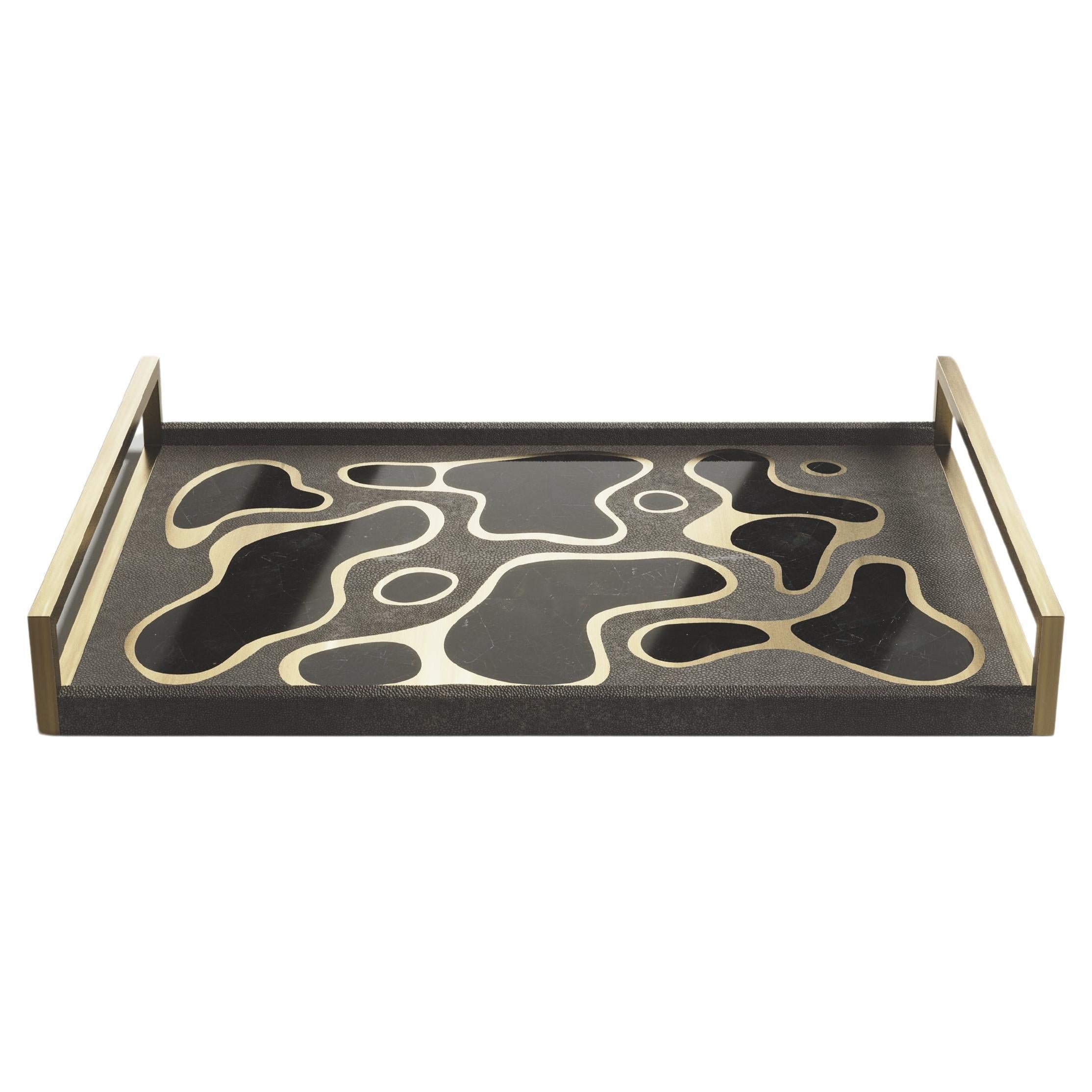 Rechteckiges Tablett aus schwarzem Kohle-Schwarzem Chagrinleder mit Bronze-Patina-Messing von Kifu Paris