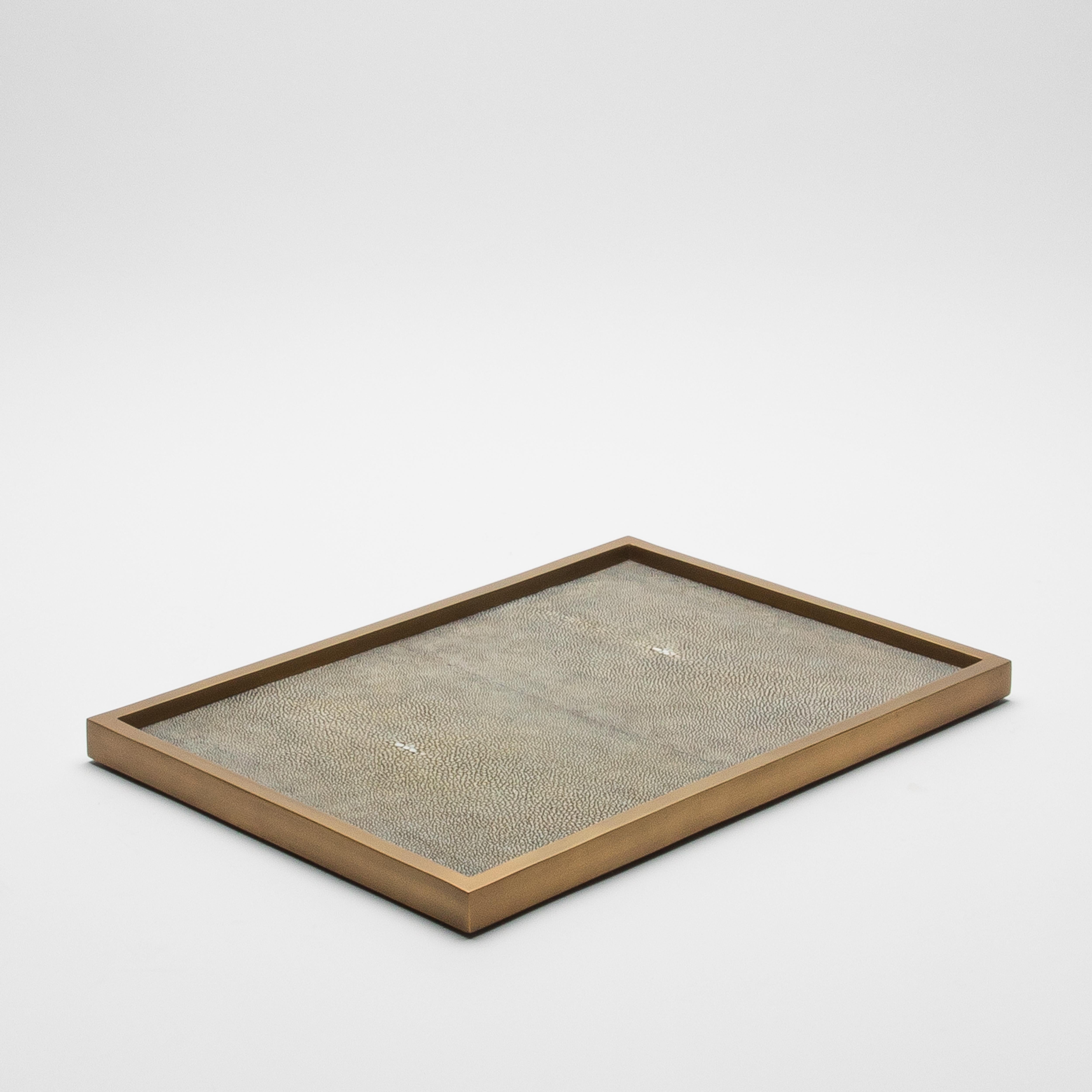 Art Deco Rectangular Tray in Grey Shagreen with Bronze Patina Brass by Kifu Paris For Sale
