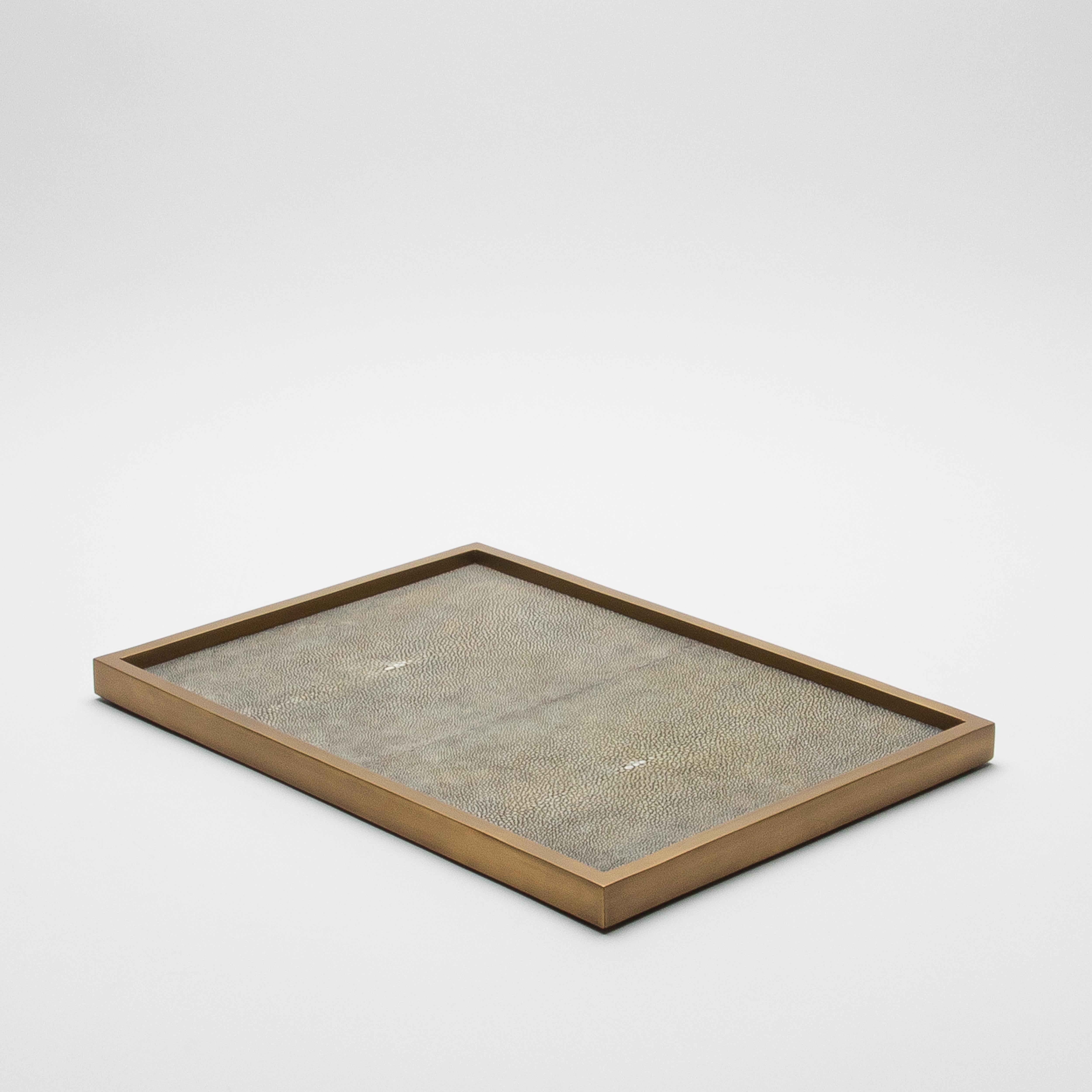 Hand-Crafted Rectangular Tray in Grey Shagreen with Bronze Patina Brass by Kifu Paris For Sale