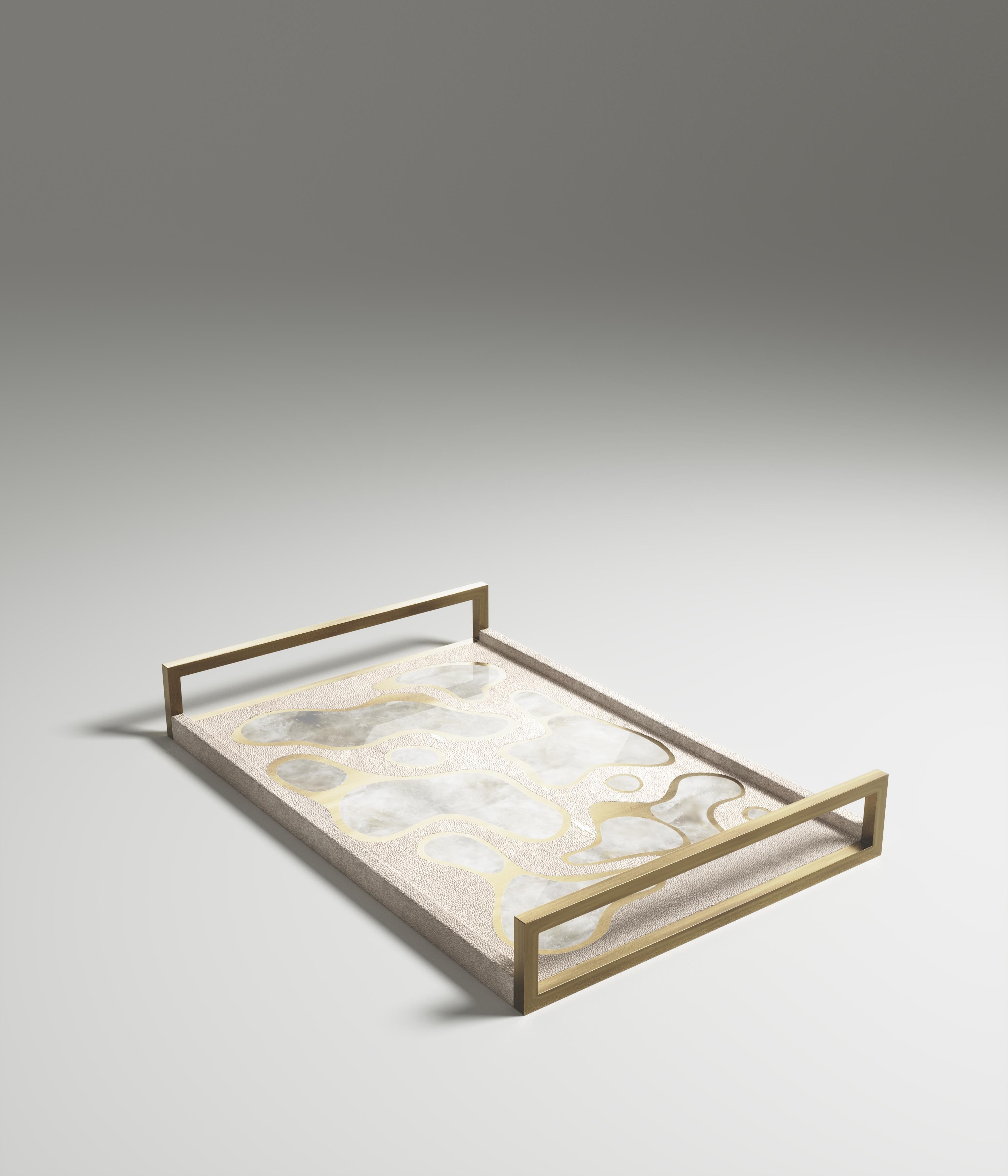 Art déco Plateau rectangulaire en galuchat crème avec laiton Bronze-Patina de Kifu Paris en vente