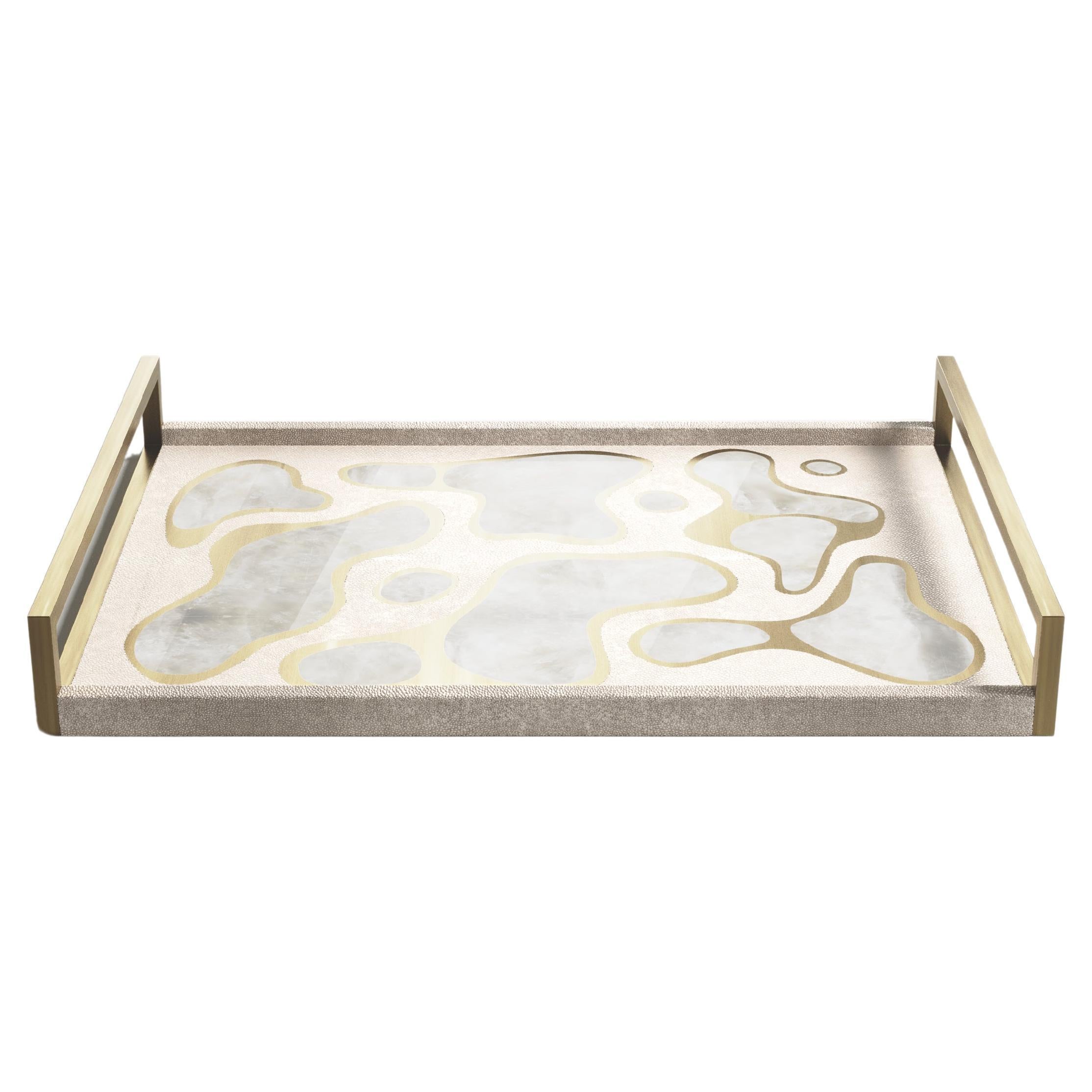 Rechteckiges Tablett in cremefarbenem Chagrinleder mit Bronze-Patina-Messing von Kifu Paris im Angebot