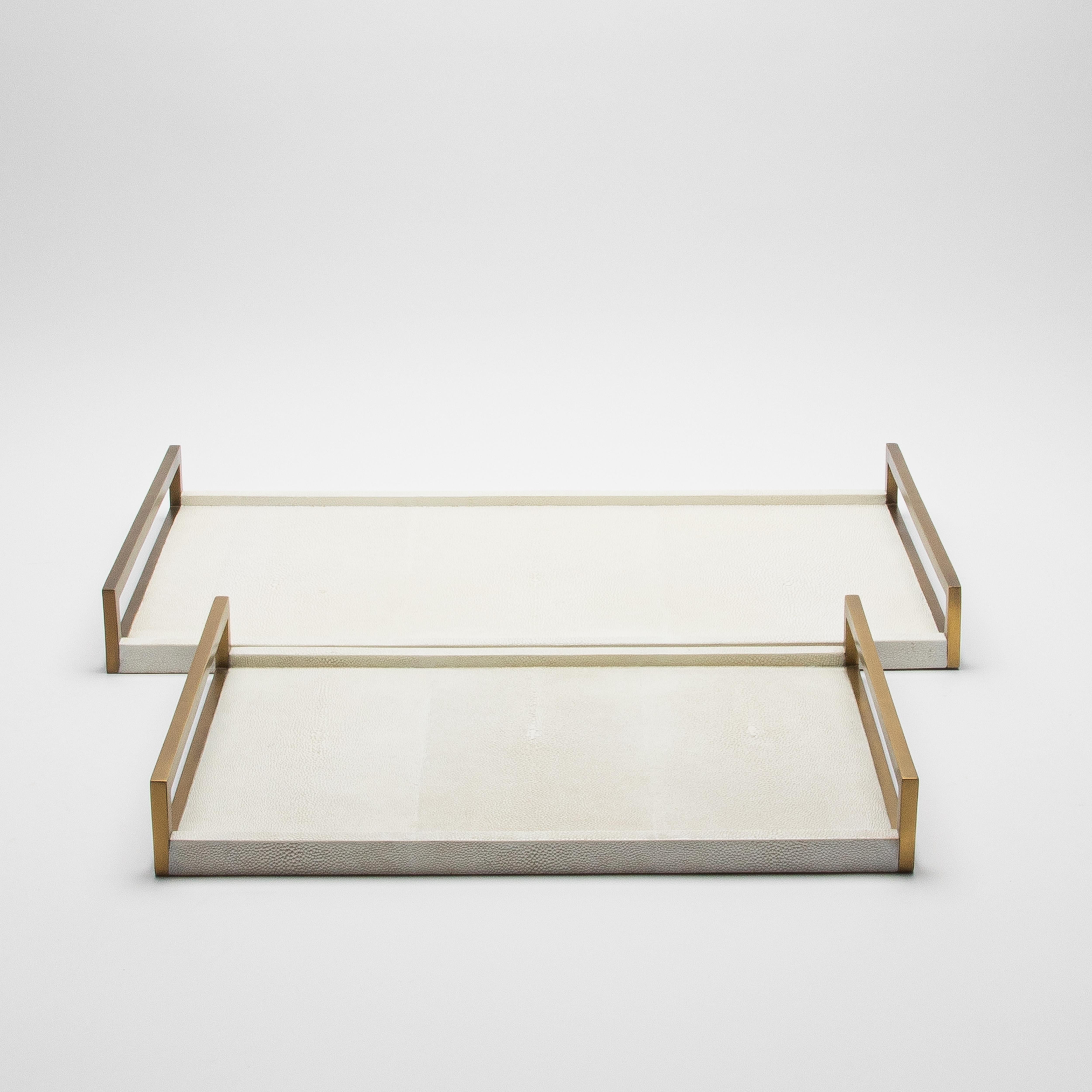 Rectangular Tray in Natural Cream Shagreen Bronze Patina Brass by R&Y Augousti For Sale 3